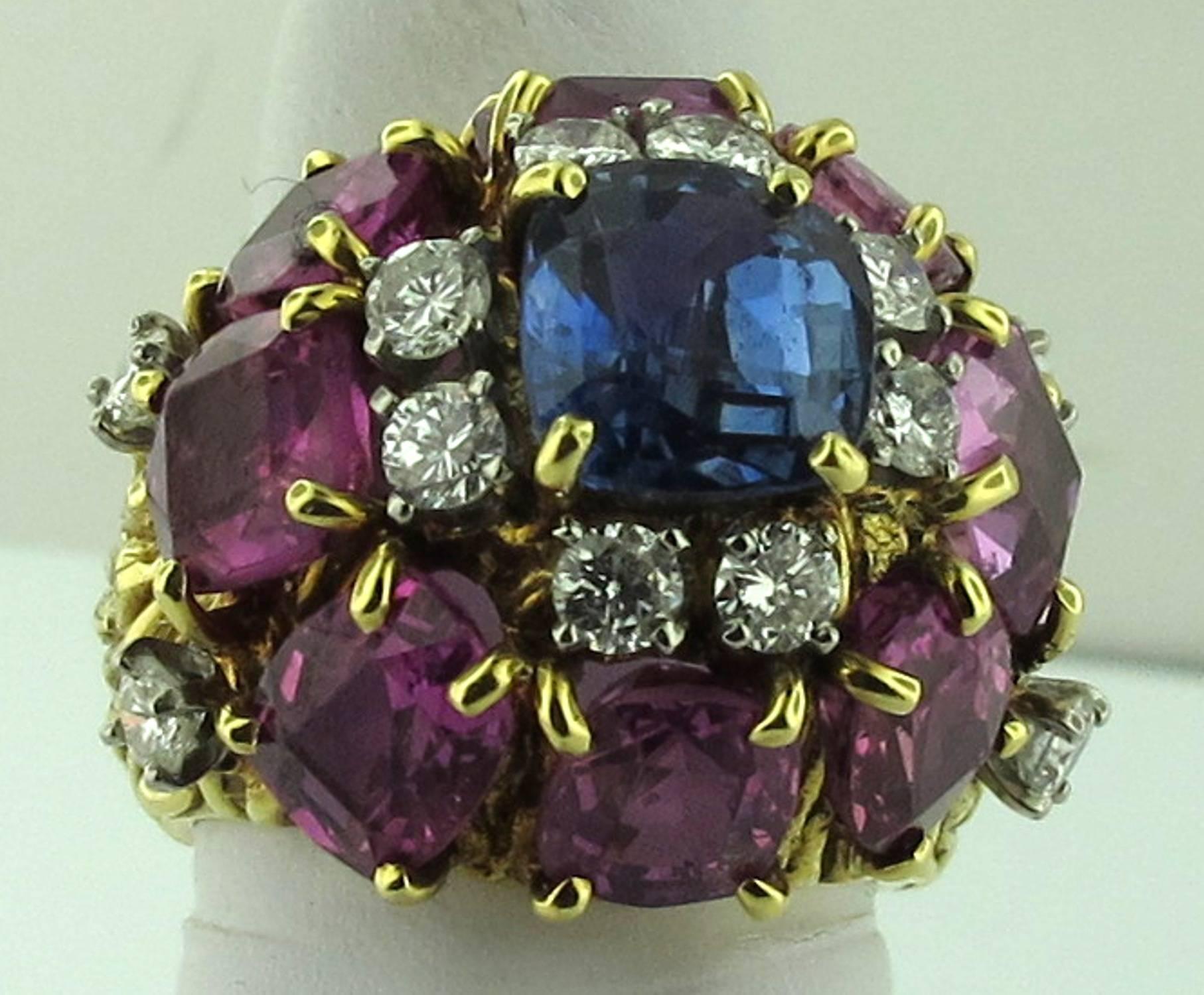 Cushion Cut Blue and Pink Sapphire Ring with Diamonds in 18 Karat Yellow Gold
