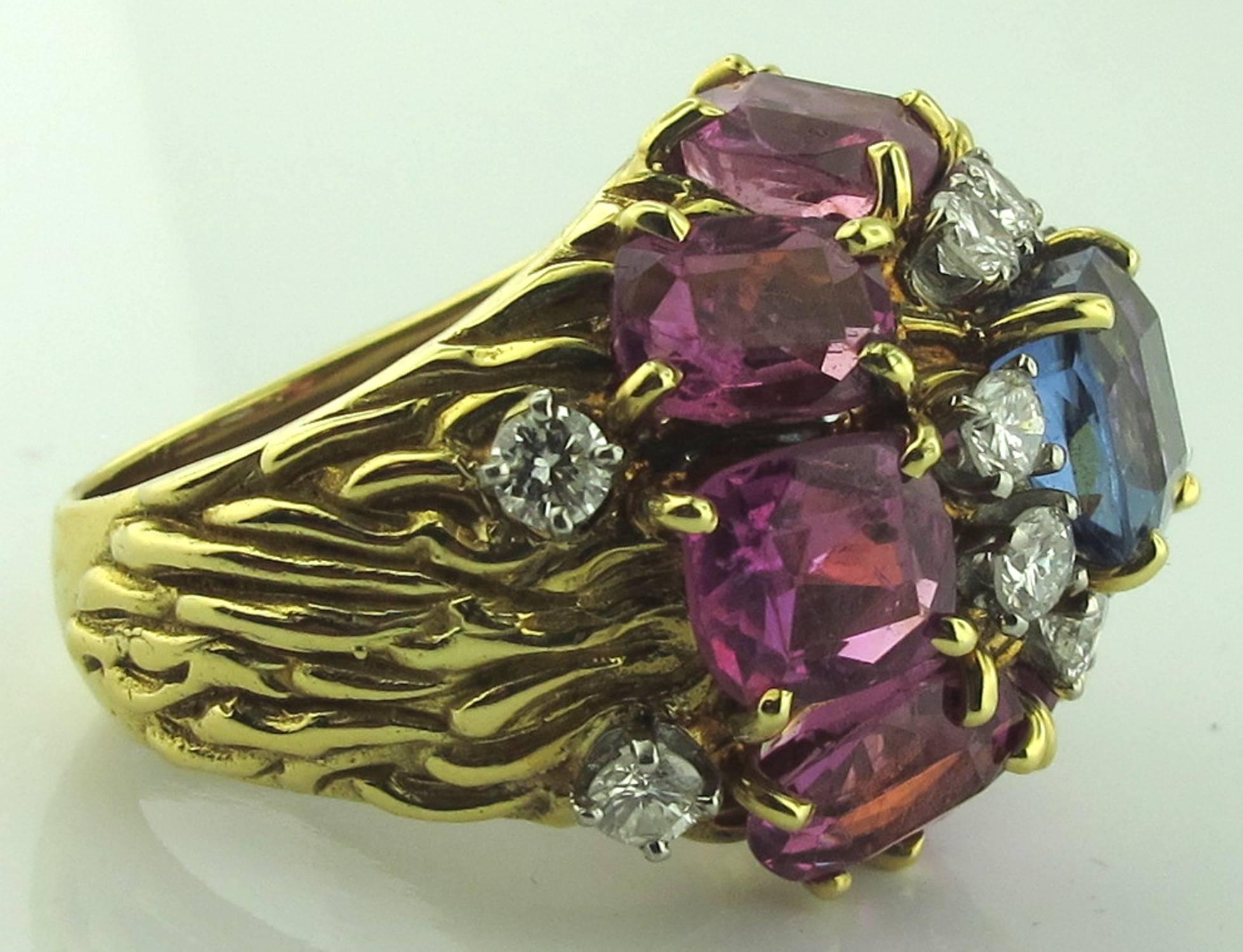 Women's or Men's Blue and Pink Sapphire Ring with Diamonds in 18 Karat Yellow Gold