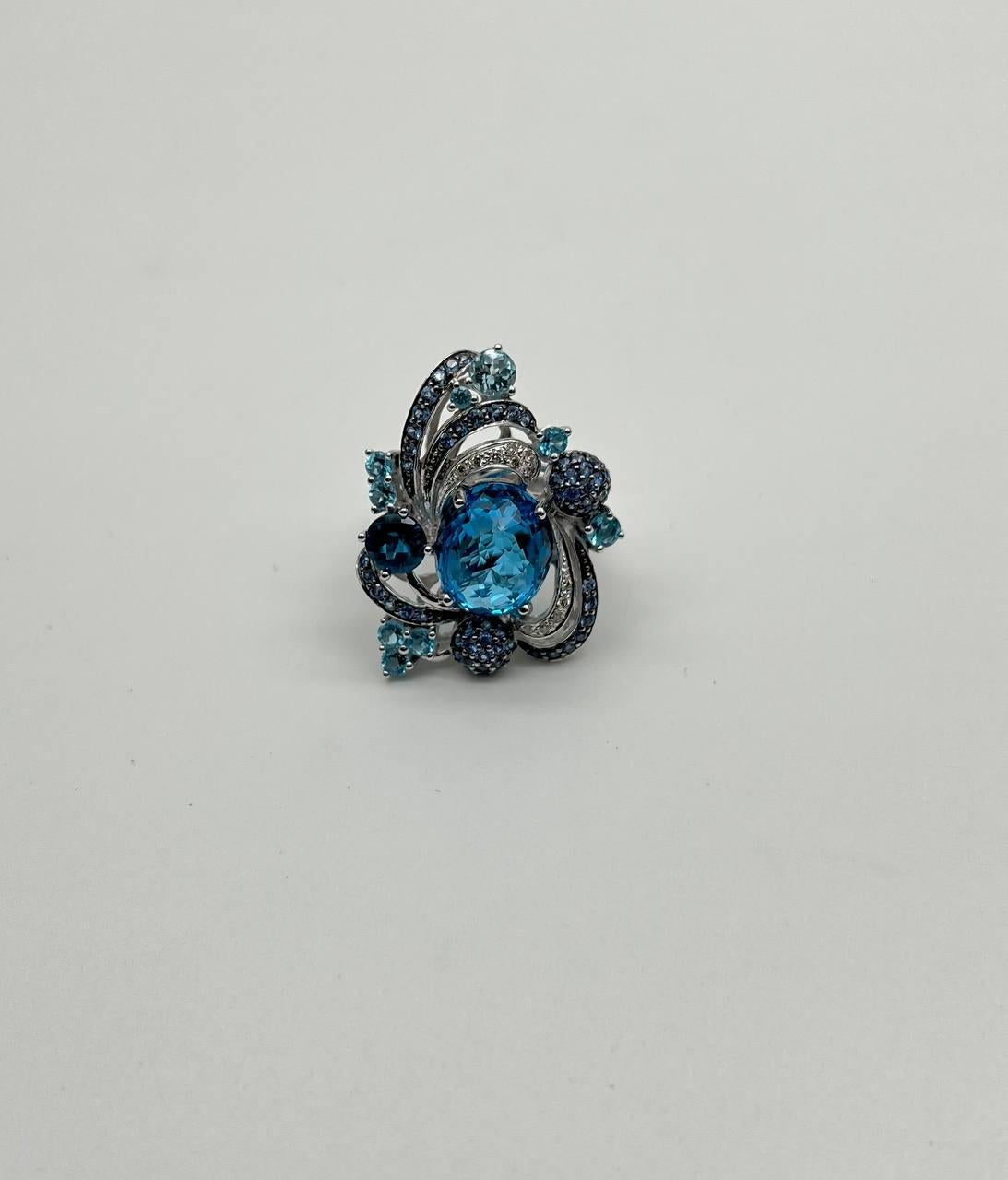 Multi Color Blue Topaz, Blue Sapphire, White Diamonds Pave 14K White Gold Ring For Sale 6