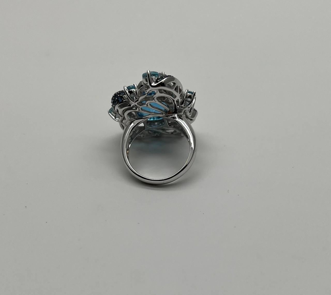 Multi Color Blue Topaz, Blue Sapphire, White Diamonds Pave 14K White Gold Ring For Sale 7