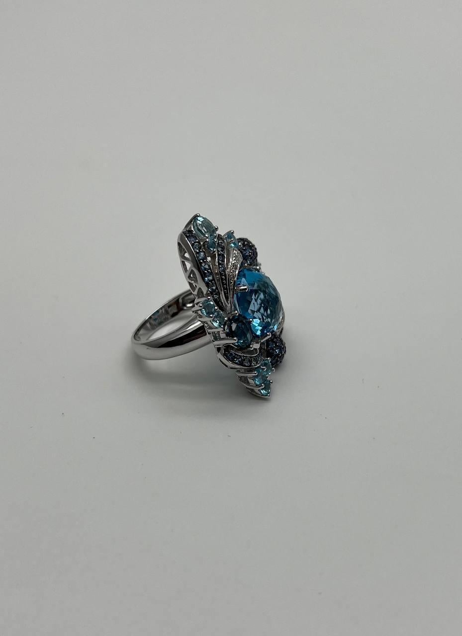 Multi Color Blue Topaz, Blue Sapphire, White Diamonds Pave 14K White Gold Ring For Sale 8