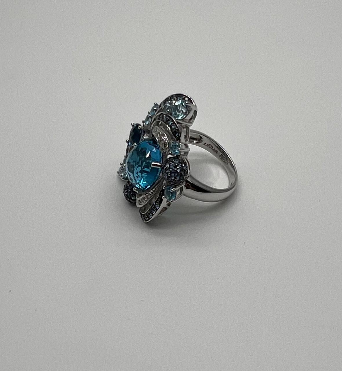 Multi Color Blue Topaz, Blue Sapphire, White Diamonds Pave 14K White Gold Ring For Sale 9