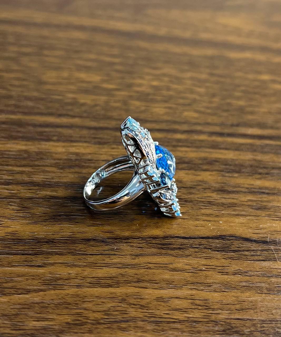 Oval Cut Multi Color Blue Topaz, Blue Sapphire, White Diamonds Pave 14K White Gold Ring For Sale