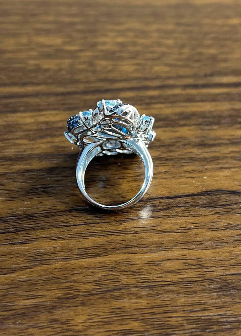 Women's Multi Color Blue Topaz, Blue Sapphire, White Diamonds Pave 14K White Gold Ring For Sale