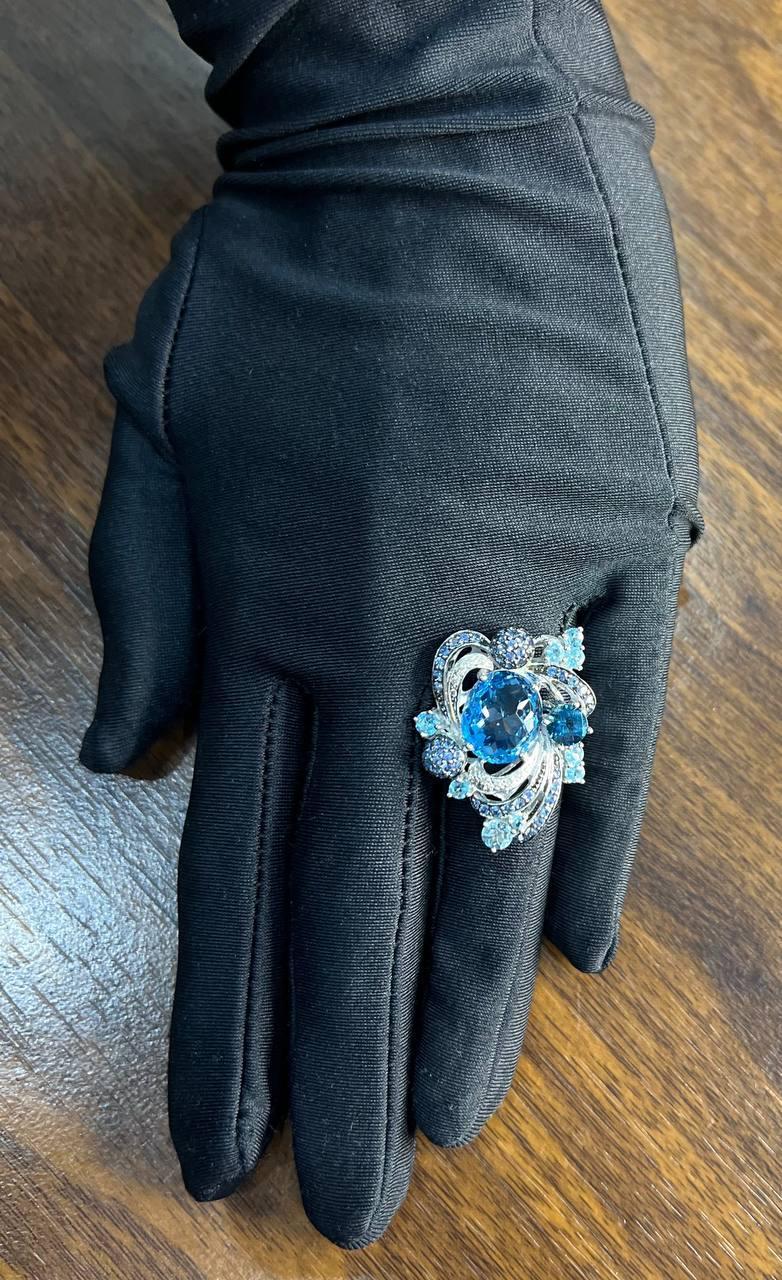 Multi Color Blue Topaz, Blue Sapphire, White Diamonds Pave 14K White Gold Ring For Sale 1