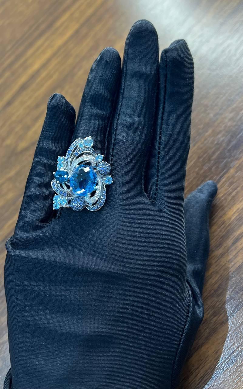 Multi Color Blue Topaz, Blue Sapphire, White Diamonds Pave 14K White Gold Ring For Sale 2
