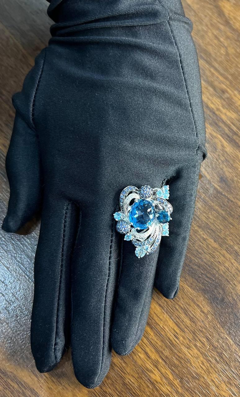 Multi Color Blue Topaz, Blue Sapphire, White Diamonds Pave 14K White Gold Ring For Sale 3
