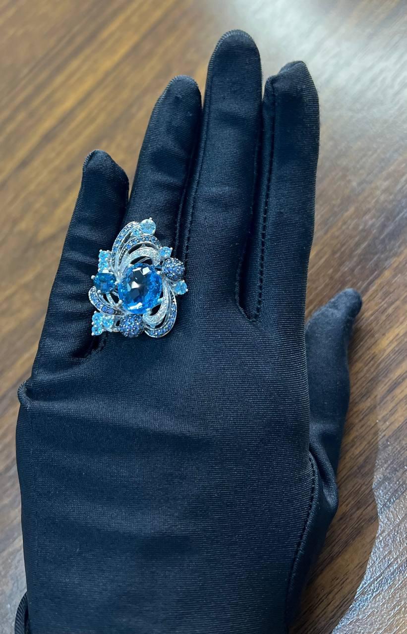 Multi Color Blue Topaz, Blue Sapphire, White Diamonds Pave 14K White Gold Ring For Sale 4