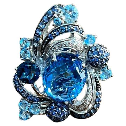 Multi Color Blue Topaz, Blue Sapphire, White Diamonds Pave 14K White Gold Ring