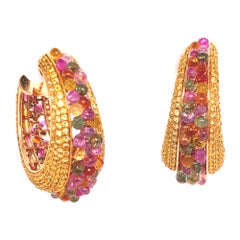 Multi-Color Briolette Sapphire 18 Karat Yellow Gold Wide Hoop Earrings