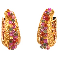 Multi-Color Briolette Sapphire 18 Karat Yellow Gold Wide Hoop Earrings