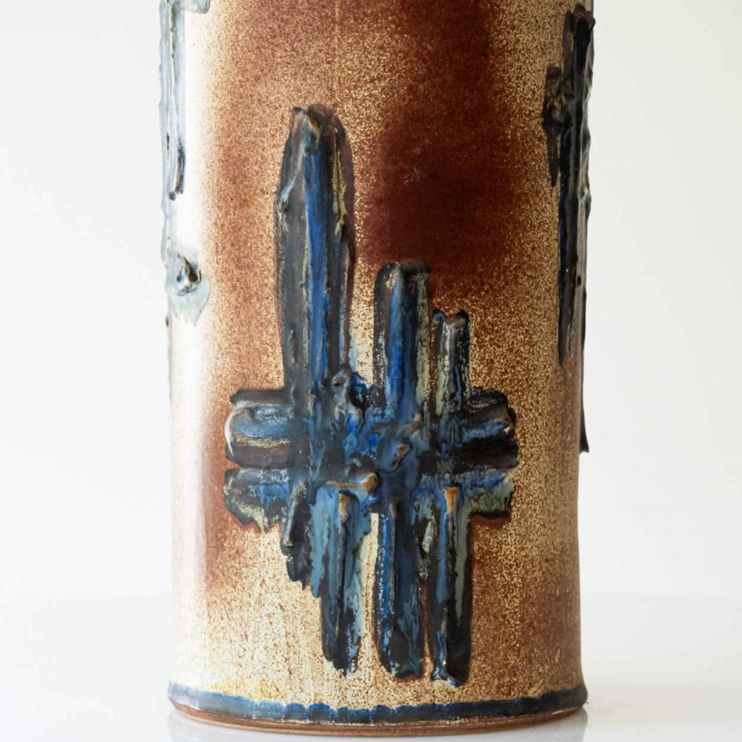 Multi Color Ceramic FLoor Table Lamp, Silk Beige Lampshade by R. Houben In Good Condition For Sale In Rijssen, NL