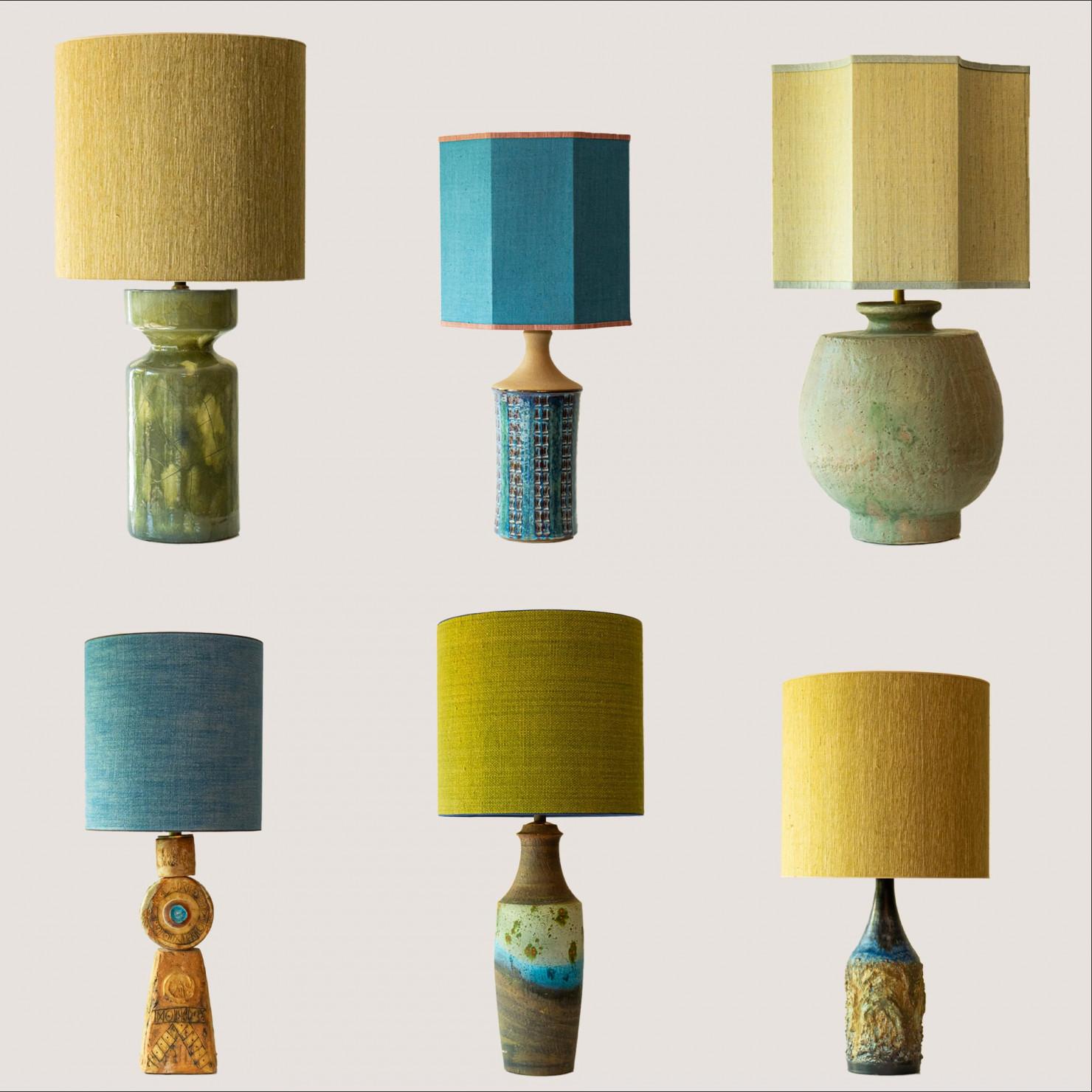 Lampe de table à porte en céramique multicolore, abat-jour en soie par R. Houben en vente 1