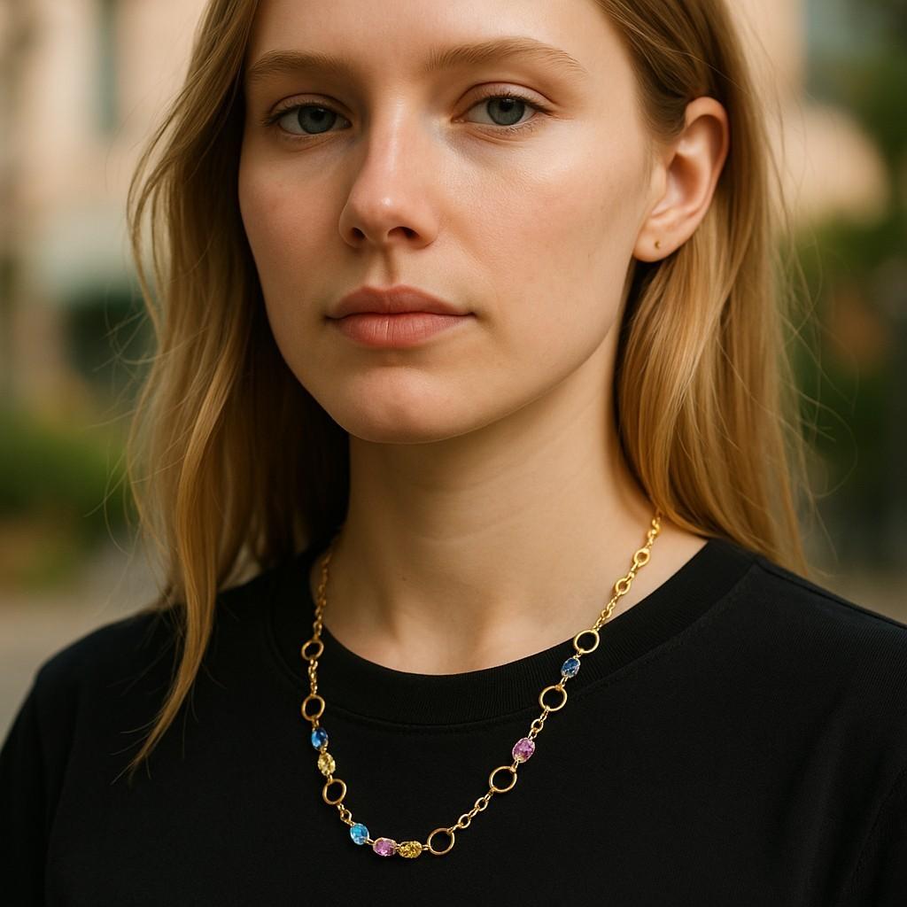 Introducing the exquisite eleven Ceylon Multi Color 9.20 Carat Sapphires . blue, pink and yellow, Sautoir 18 Karat Yellow Gold 18.5 inch Necklace, a stunning piece that exudes elegance and sophistication. This luxurious necklace is perfect for those