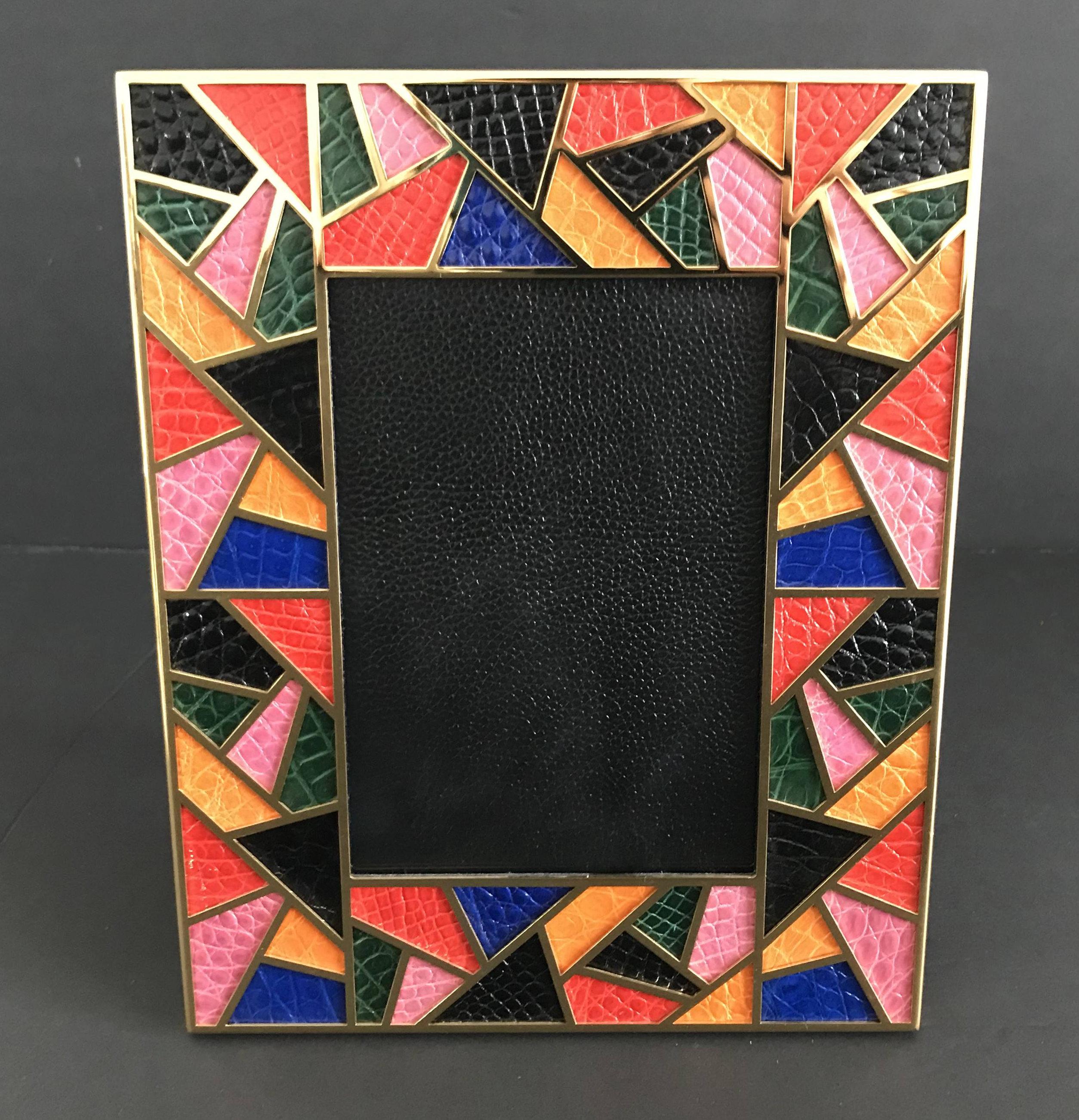 Multi-color crocodile leather and gold-plated picture frame by Fabio Ltd
Height: 10.5 inches / Width: 8.5 inches / Depth: 1 inch
Photo size: 5 inches by 7 inches
LAST 1 in stock in Los Angeles
Order Reference #: FABIOLTD PF30
This piece makes for