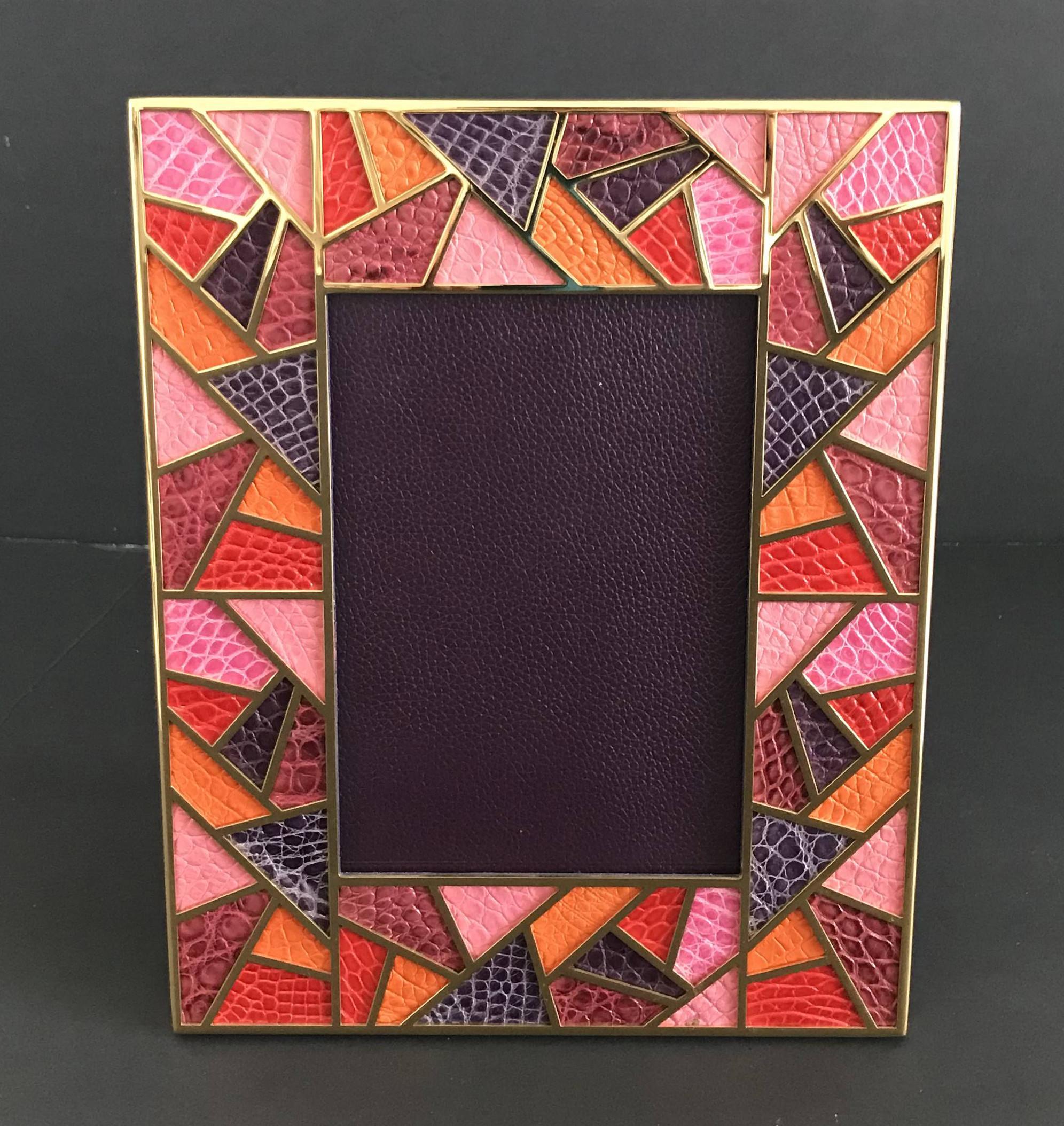 Multi-color crocodile leather and gold-plated picture frame by Fabio Ltd
Height: 10.5 inches / Width: 8.5 inches / Depth: 1 inch
Photo size: 5 inches by 7 inches
LAST 1 in stock in Los Angeles
Order Reference #: FABIOLTD PF31
This piece makes for