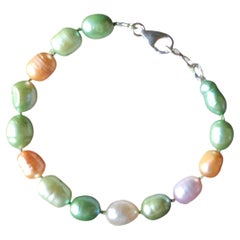 Multi Color Cultured Freshwater Pearl Sterling Silver Knotted Strand Bracelet