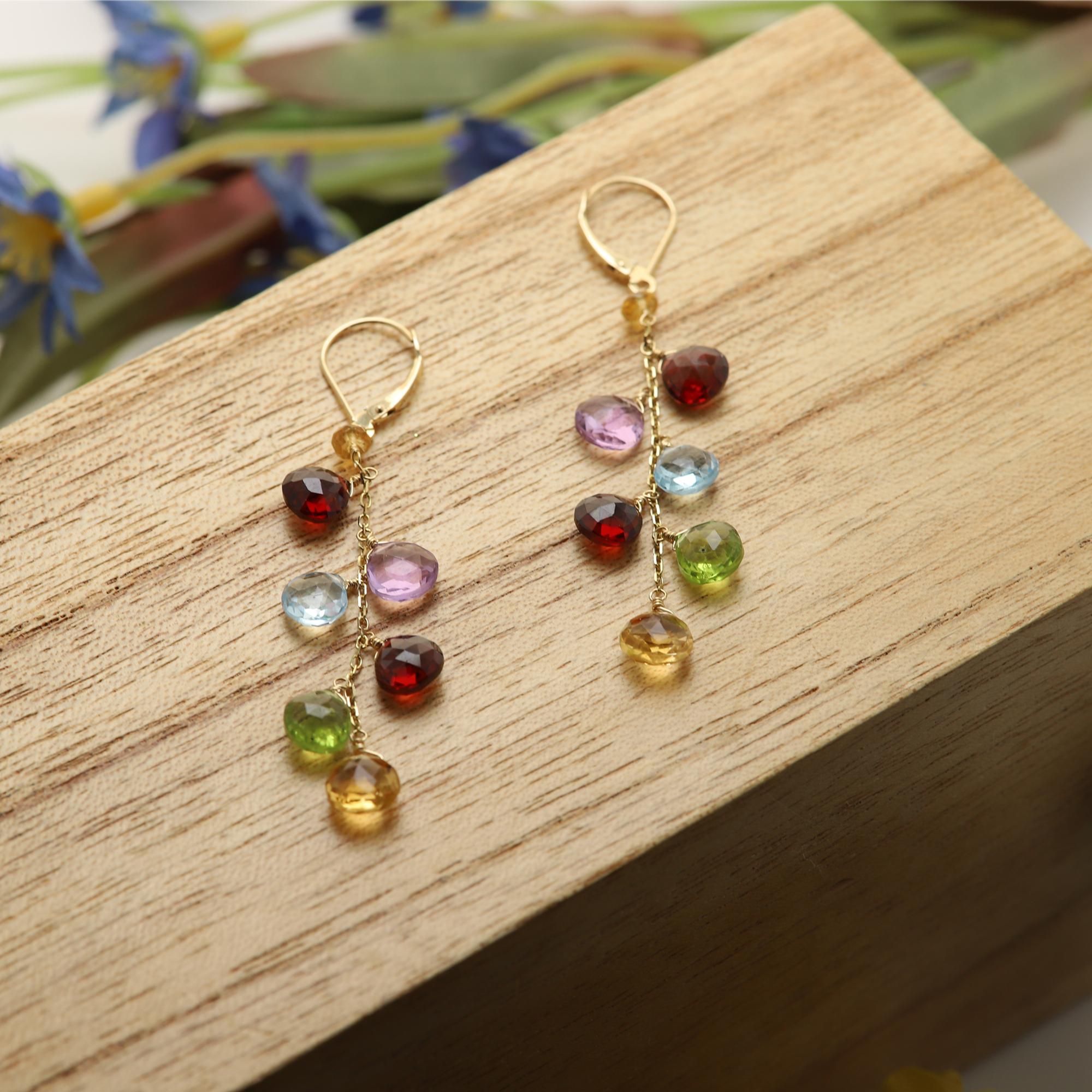 Multi Color Dangling Earrings Semi Precious Gems 14 Karat Yellow Gold In New Condition For Sale In Brooklyn, NY