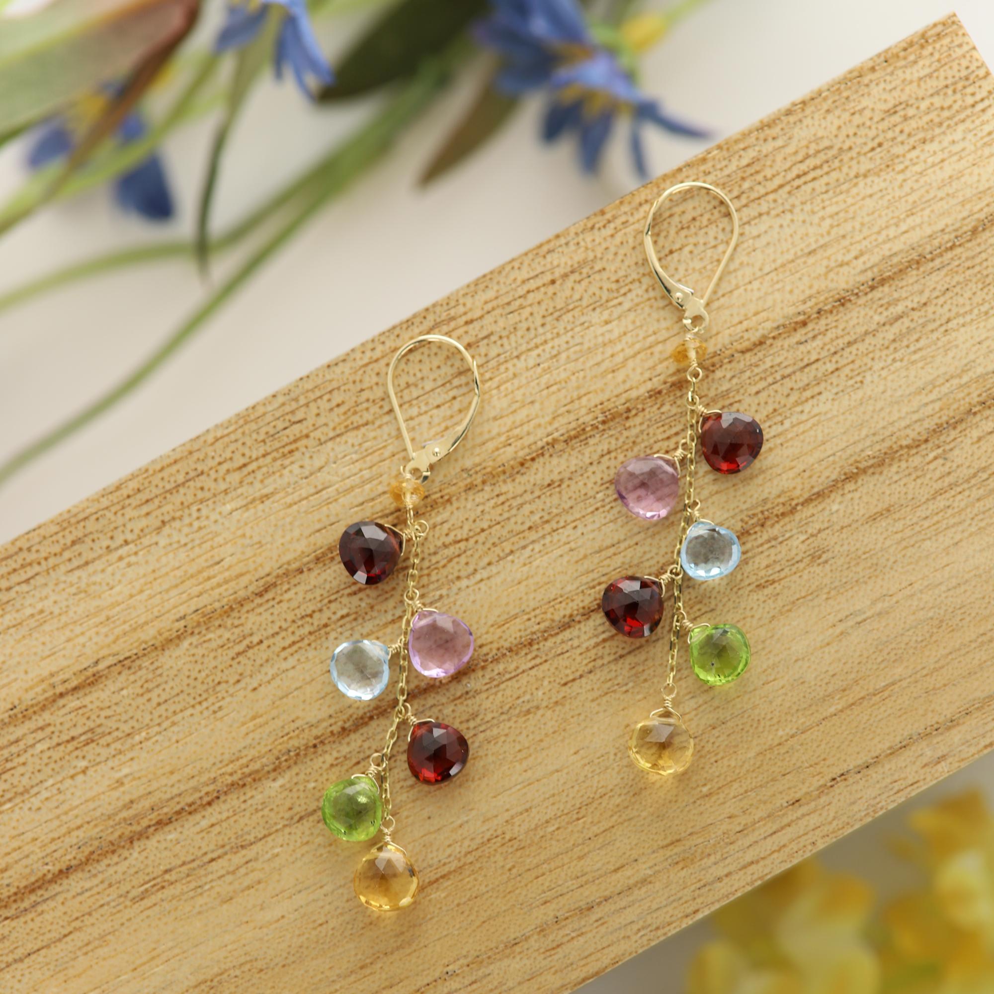 Women's Multi Color Dangling Earrings Semi Precious Gems 14 Karat Yellow Gold For Sale