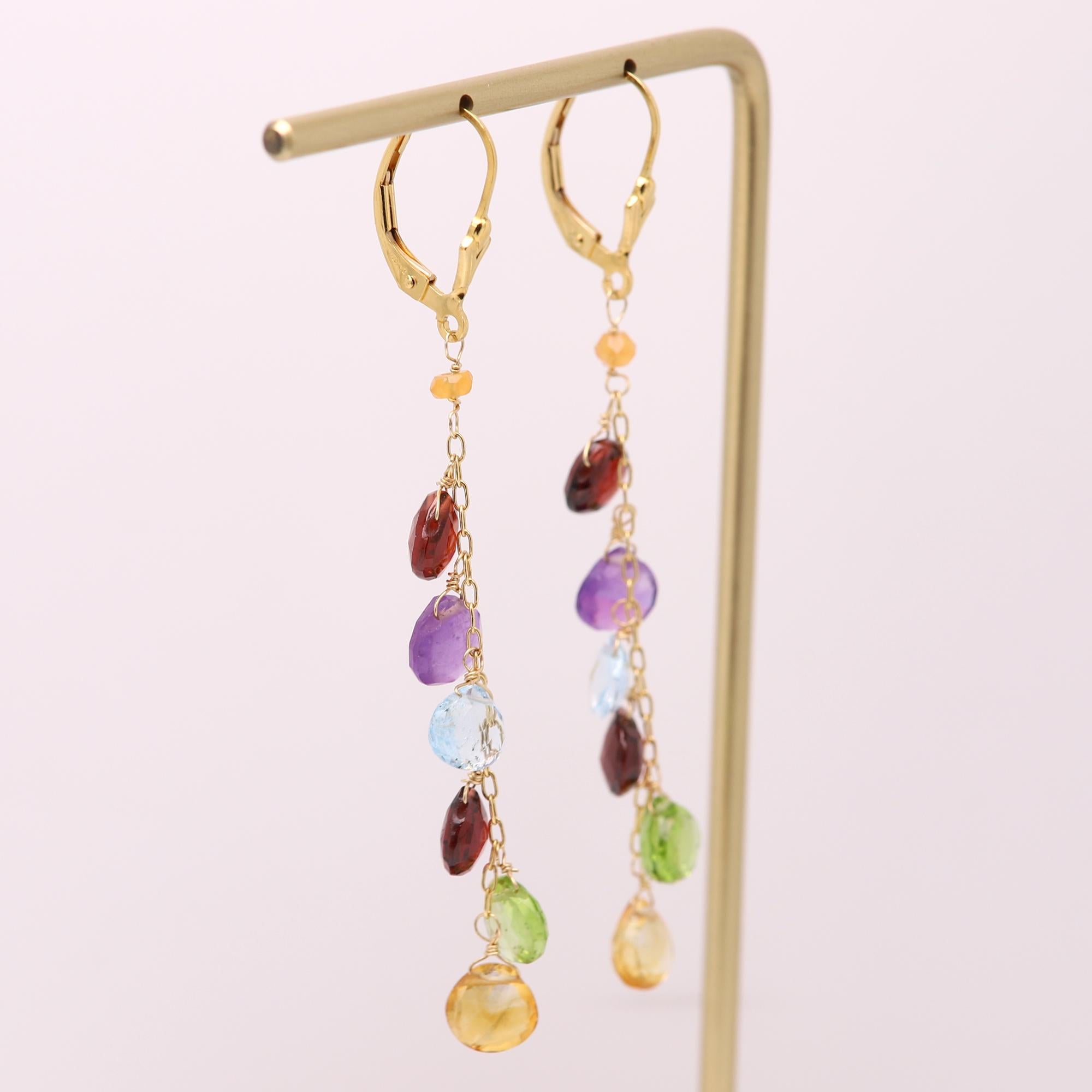 Multi Color Dangling Earrings Semi Precious Gems 14 Karat Yellow Gold For Sale 2