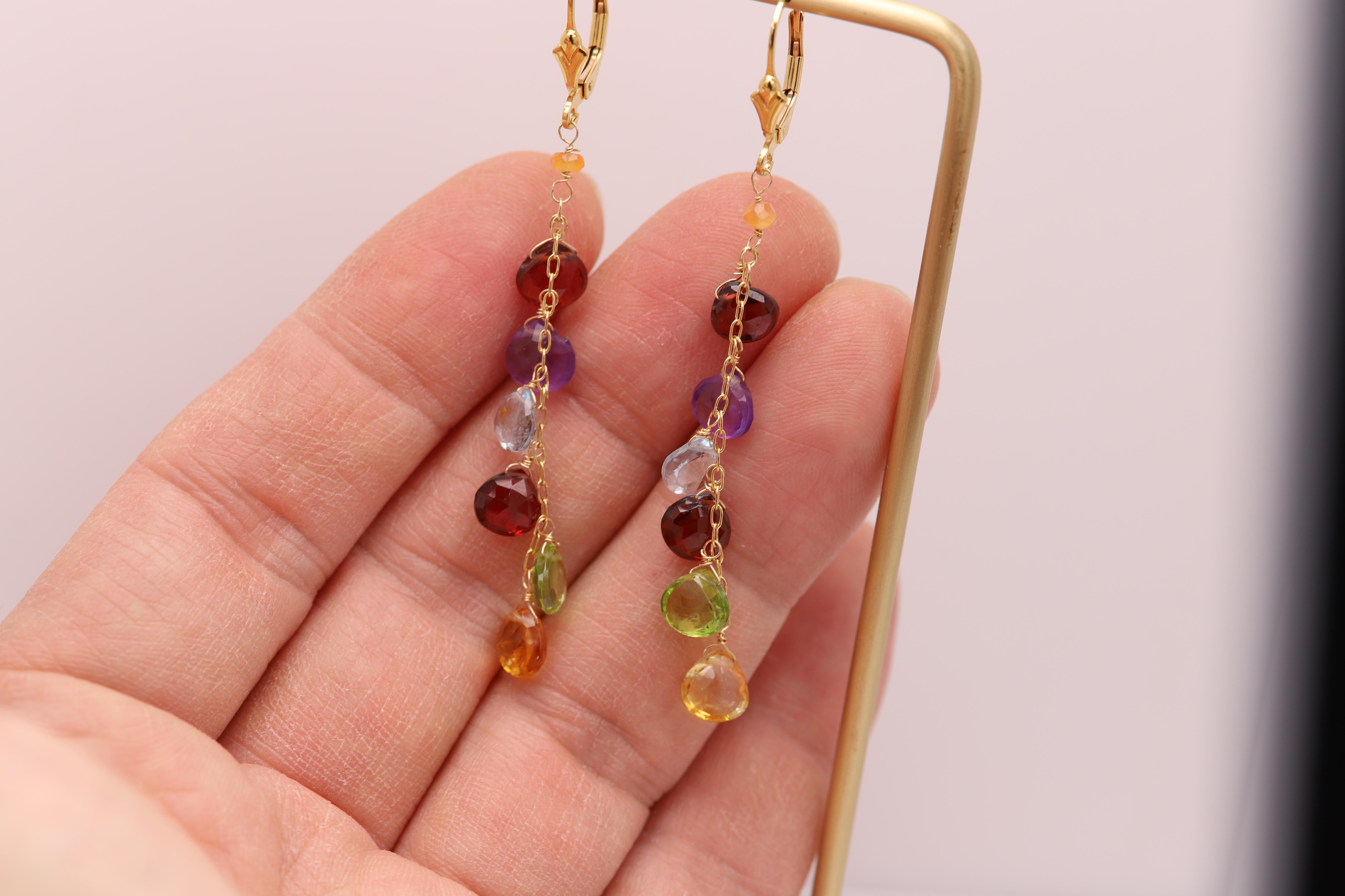 Multi Color Dangling Earrings Semi Precious Gems 14 Karat Yellow Gold For Sale 3