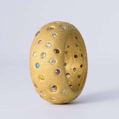 Multi-Color Diamond 21k Gold Estate Wide Cigar Band Donut Ring