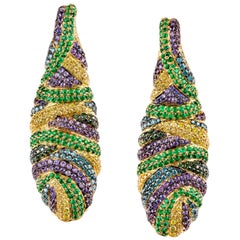 Rosior one-off Diamond, Sapphire and Emerald Drop Earrings set in Yellow Gold