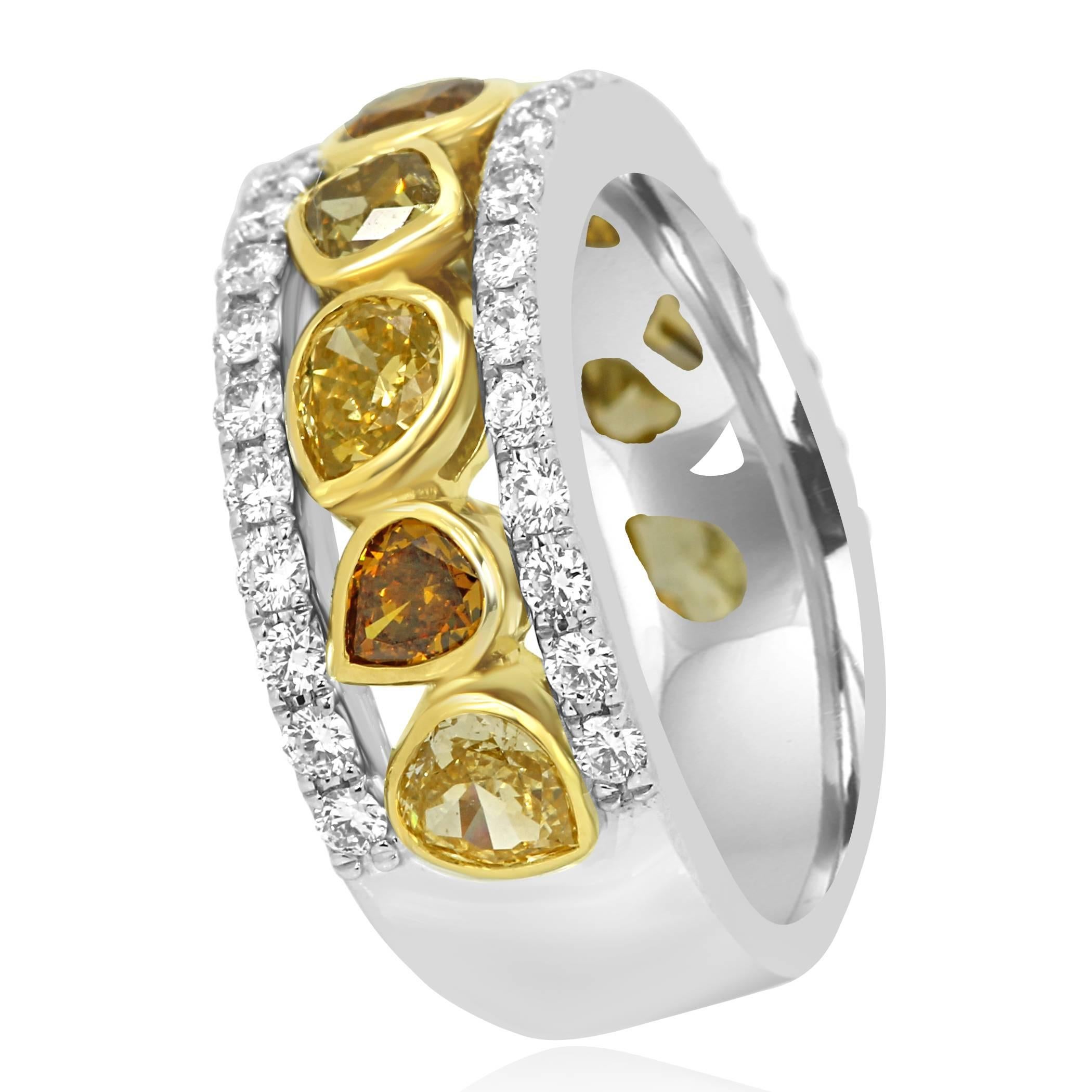 Pear Cut Multi-Color Diamond Three-Row Two-Color Gold Fashion Cocktail Band Ring