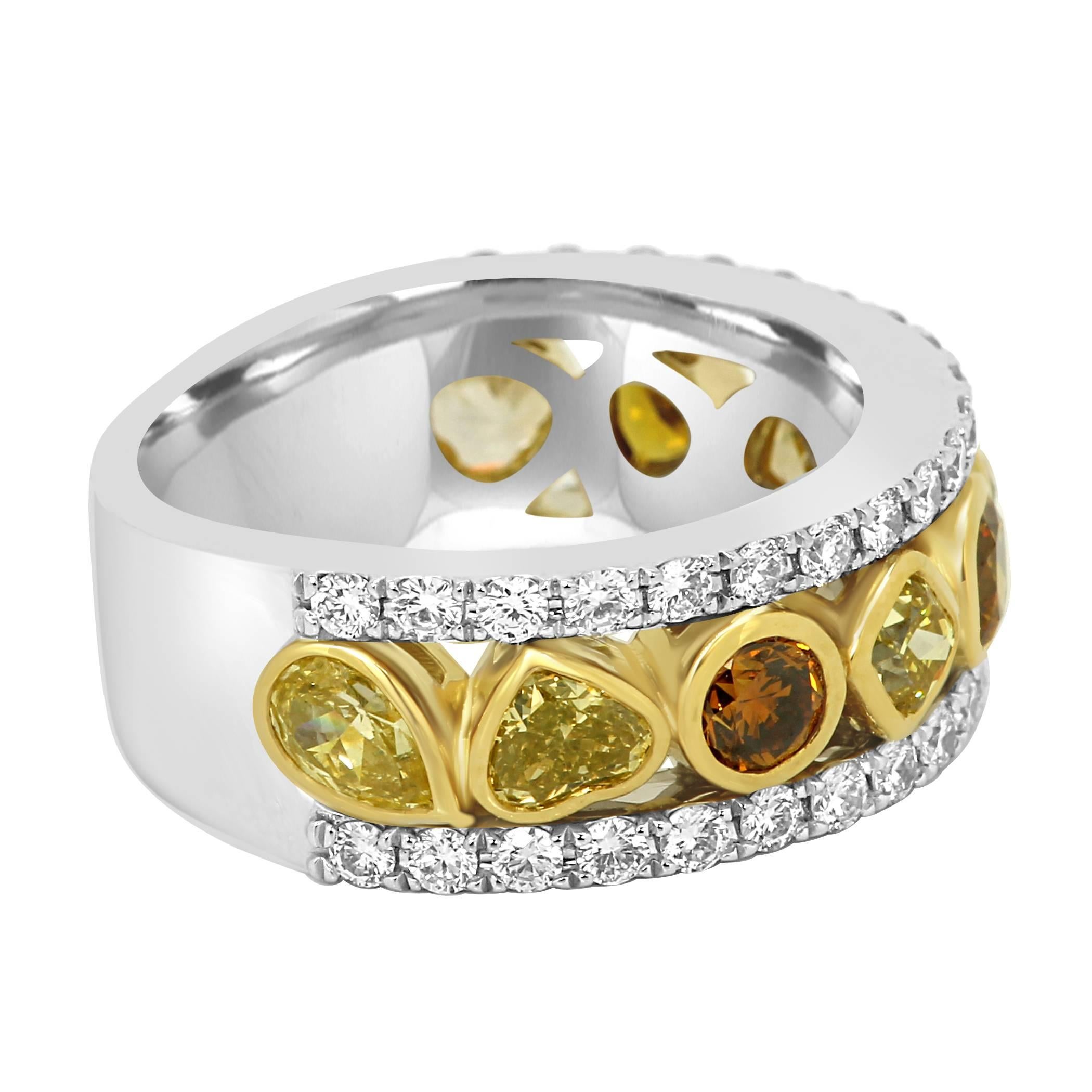 Multi-Color Diamond Three-Row Two-Color Gold Fashion Cocktail Band Ring In New Condition In NEW YORK, NY