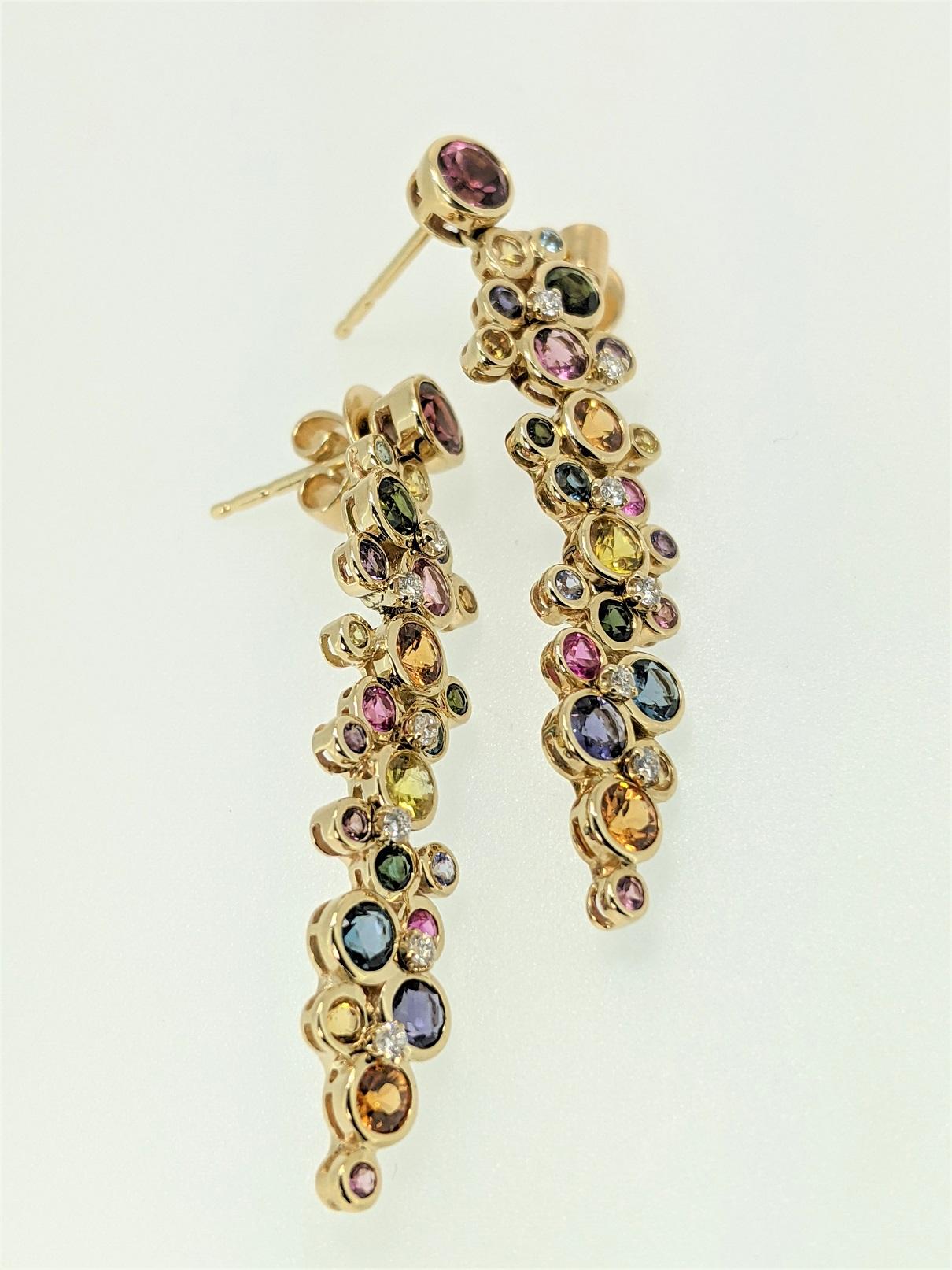 Women's Multi-Color Elongated Earrings with Clusters of Gemstones & Diamonds For Sale
