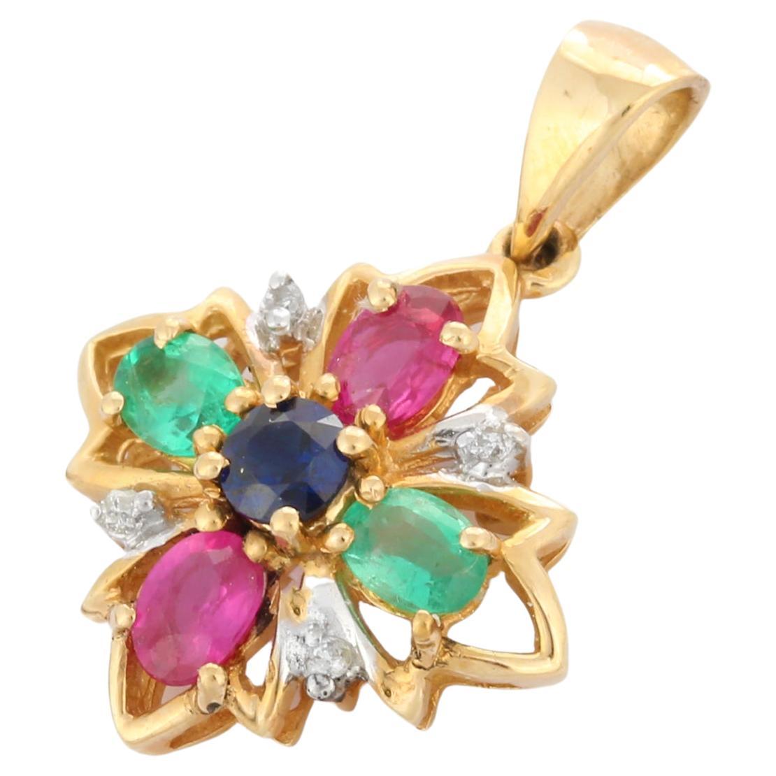 Diamond MultiColor Sapphire 18 Karat Yellow Gold Pendant For Sale at