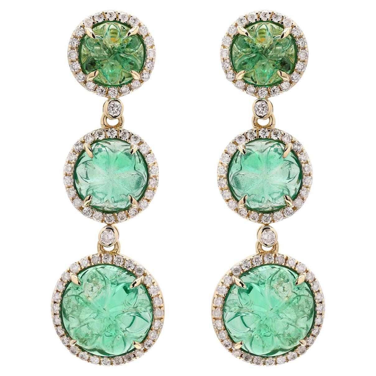Carved Turquoise and Flush Set Diamonds Drop Shaped Earring In 18k