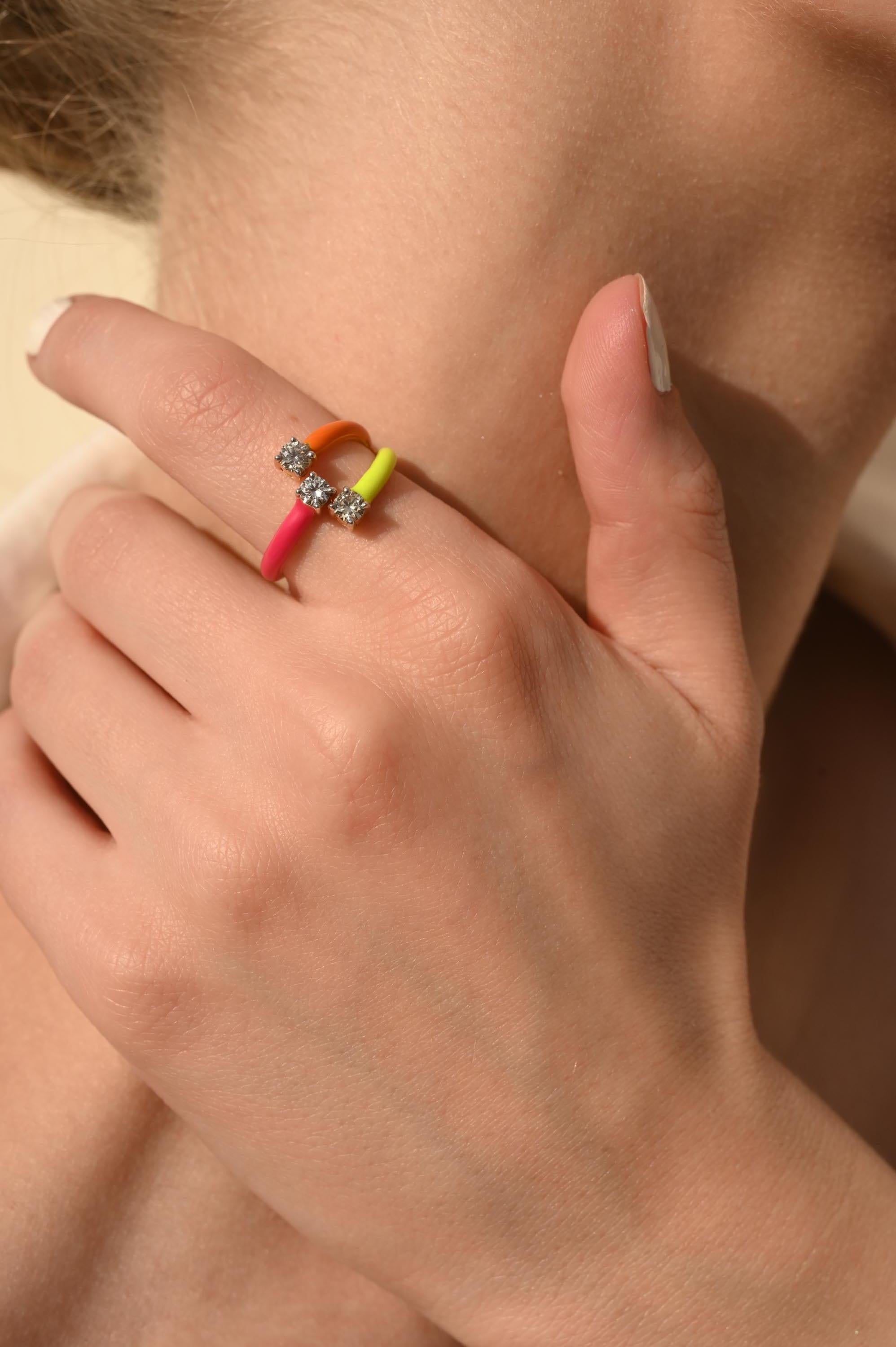 For Sale:  Bright Color Enamel and Diamond Adjustable Ring in 14k Solid Yellow Gold 10