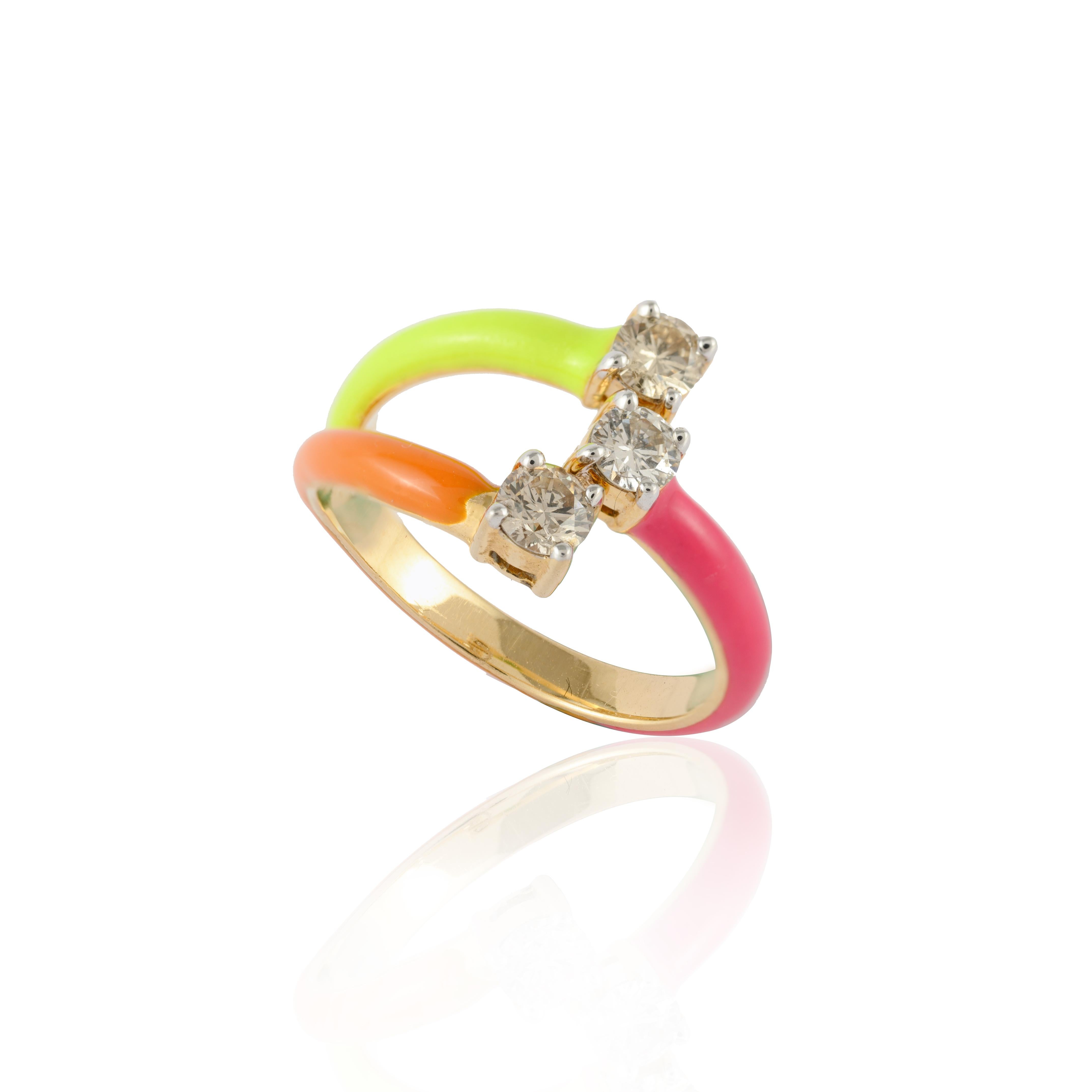 For Sale:  Bright Color Enamel and Diamond Adjustable Ring in 14k Solid Yellow Gold 11
