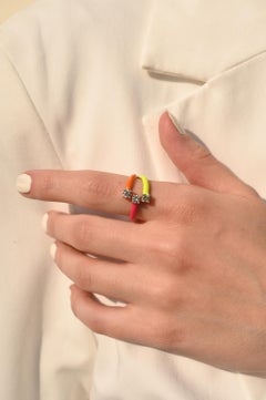 Bright Color Enamel and Diamond Adjustable Ring in 14k Solid Yellow Gold