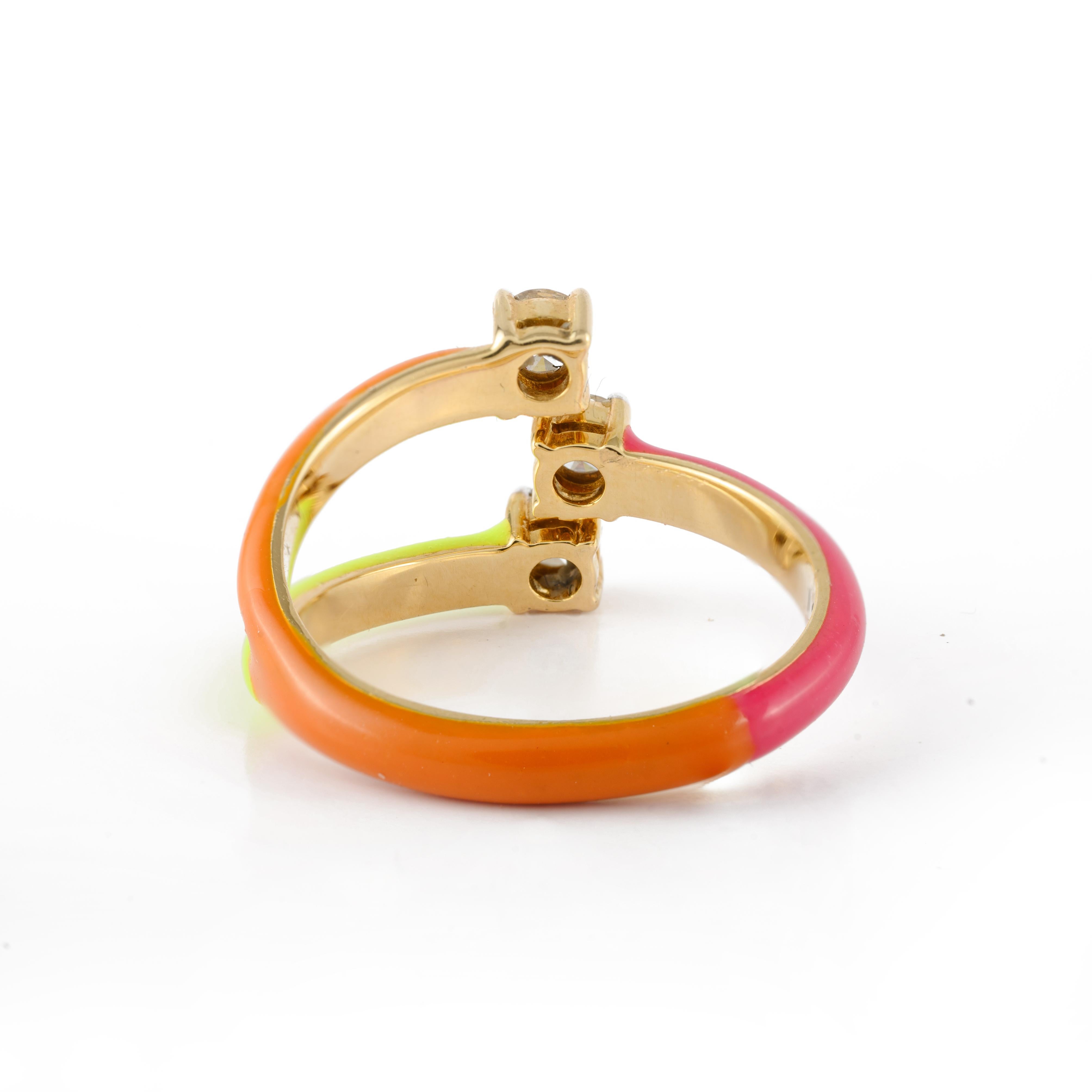 For Sale:  Bright Color Enamel and Diamond Adjustable Ring in 14k Solid Yellow Gold 9