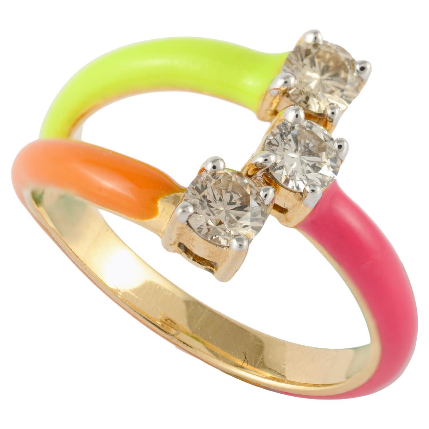 For Sale:  Bright Color Enamel and Diamond Adjustable Ring in 14k Solid Yellow Gold