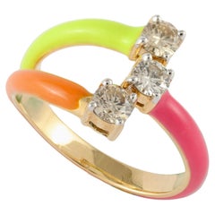 Bright Color Enamel and Diamond Adjustable Ring in 14k Solid Yellow Gold