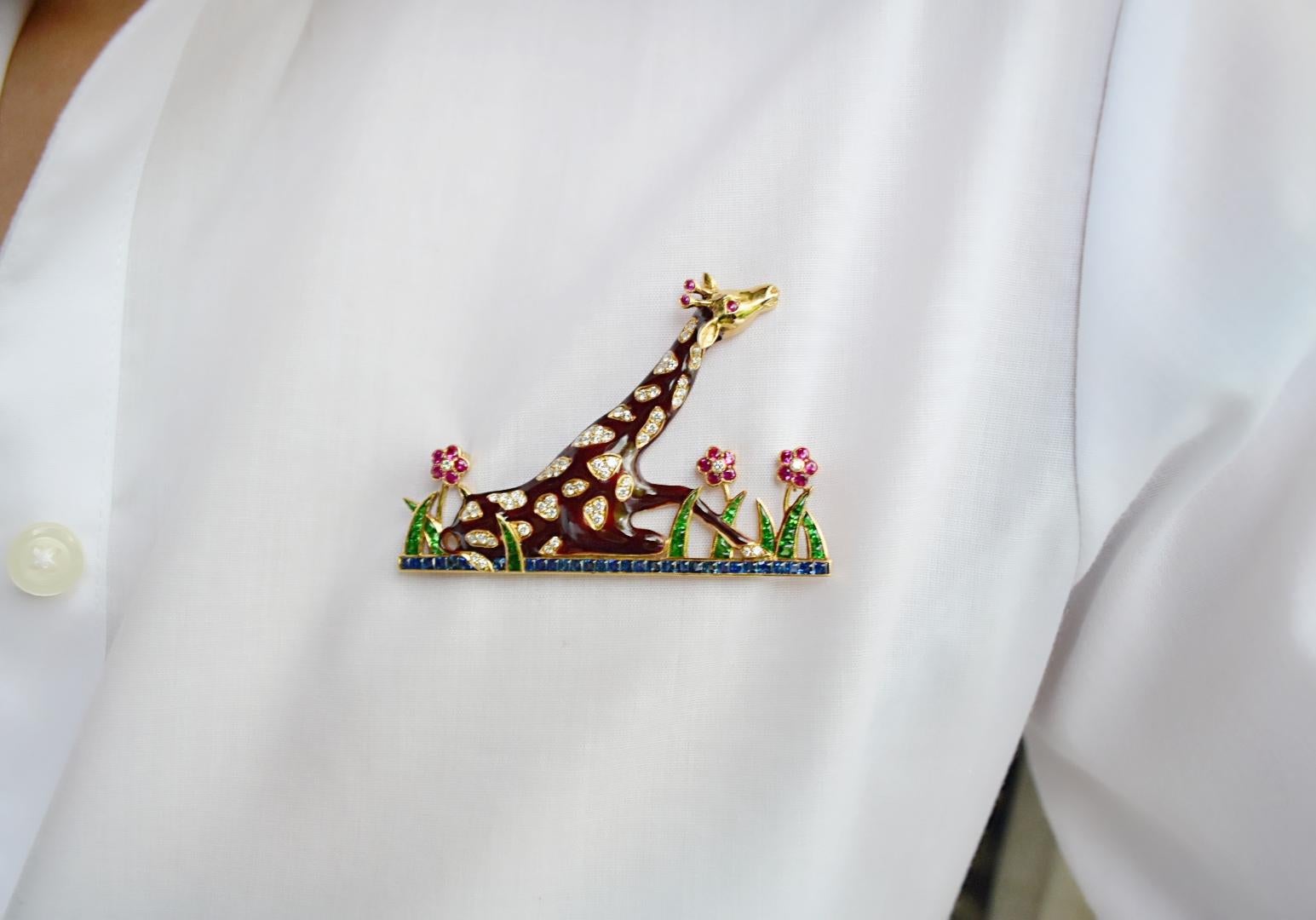 Contemporary Multi-Color Enamel Brown Giraffe Brooch For Sale