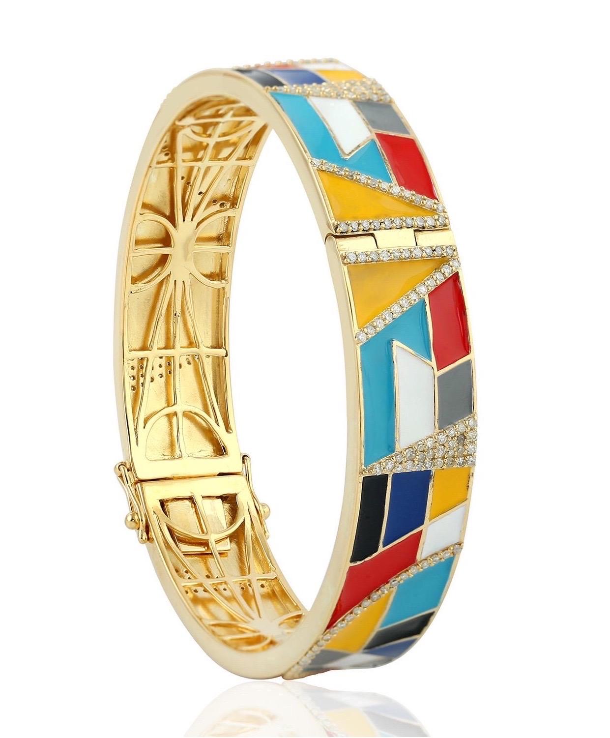 A multi color enamel bangle bracelet handmade in 18K gold & sterling silver.  It is hand set in 1.52 carats of sparkling diamonds. 

FOLLOW MEGHNA JEWELS storefront to view the latest collection & exclusive pieces. Meghna Jewels is proudly rated as