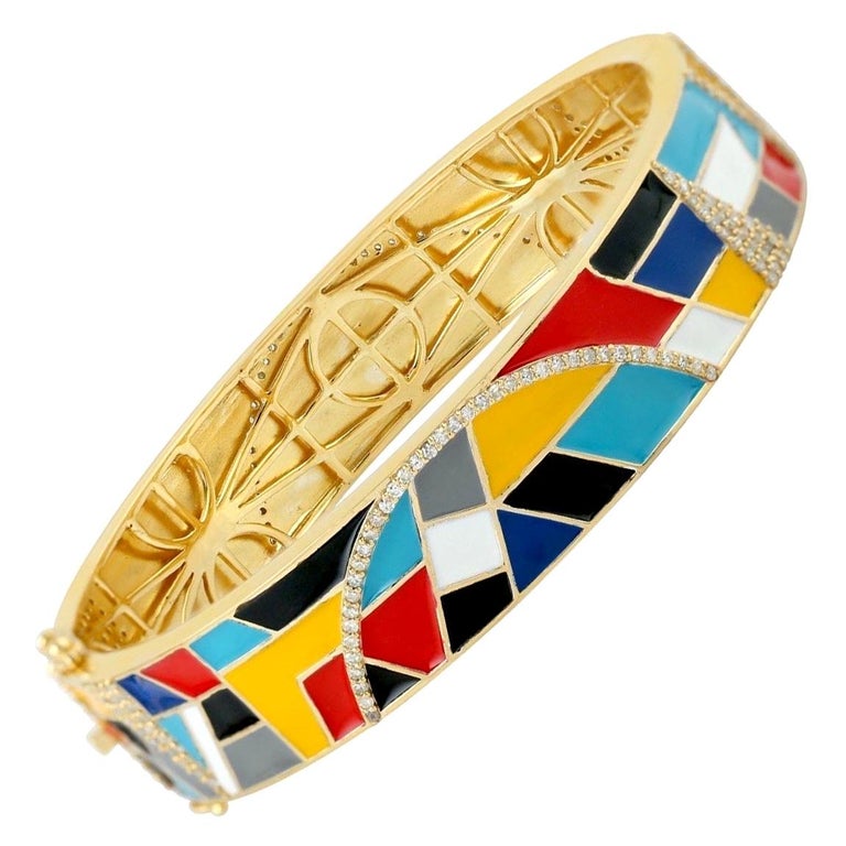 MultiColor Enamel Diamond Bangle Bracelet For Sale at 1stDibs