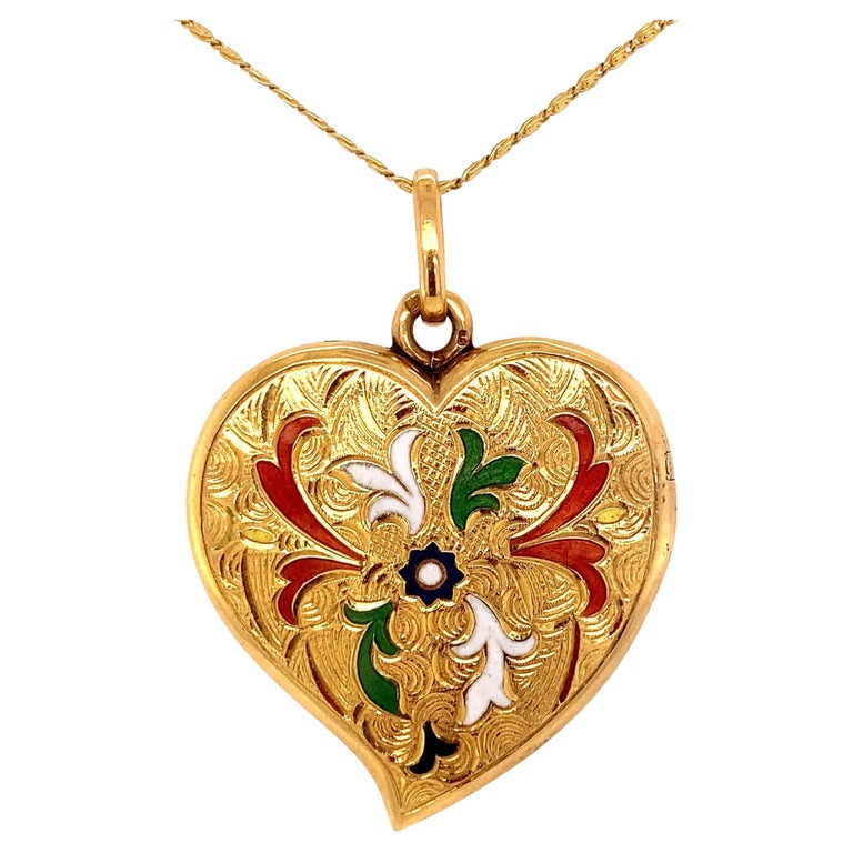 MultiColor Enamel Gold Heart Locket Pendant Necklace For Sale at 1stDibs