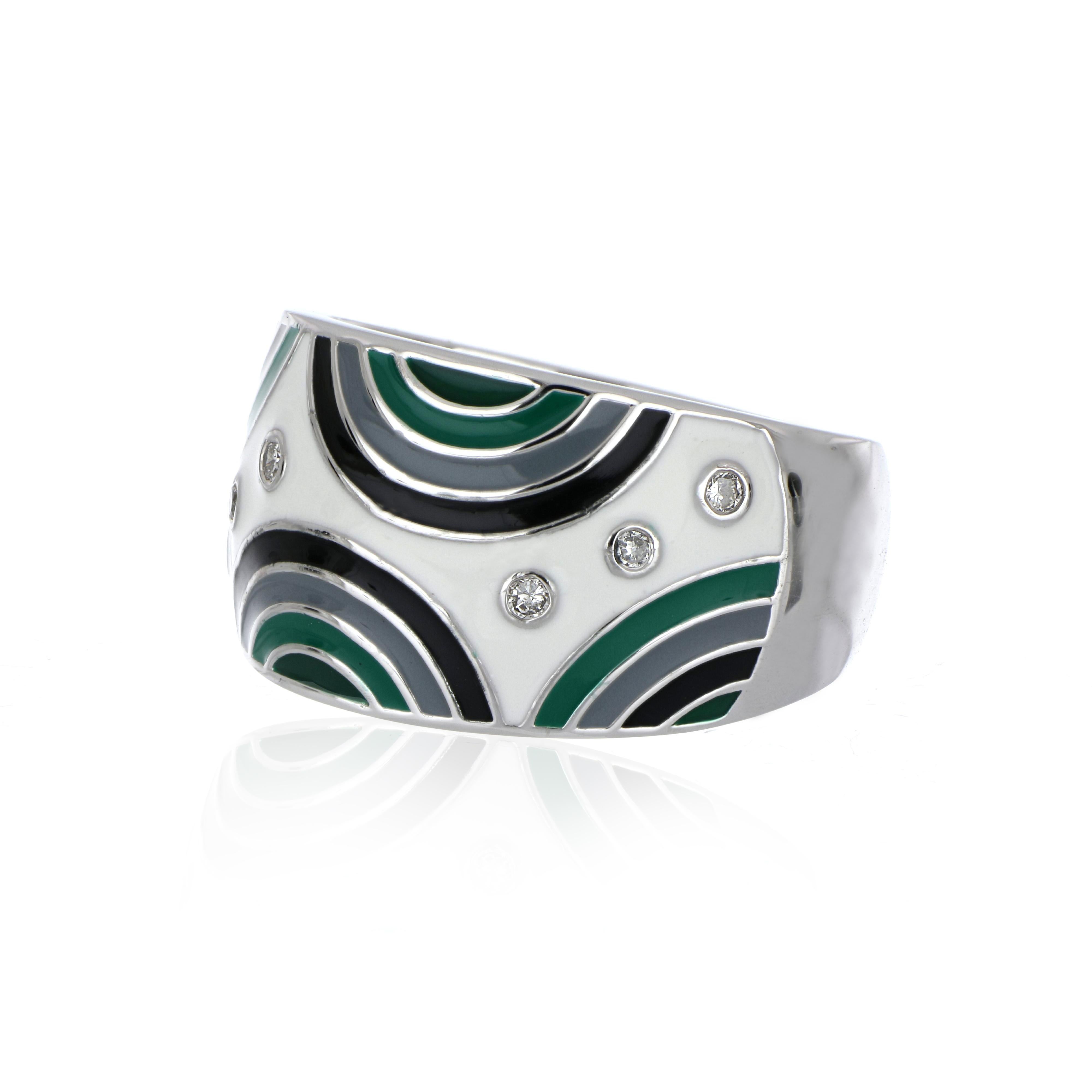 Elegant and exquisite Multi Colored Enamel Cocktail 14 K Ring, accented with Diamonds, weighing approx. 0.13 cts. Beautifully Hand crafted in 14 Karat White Gold.


Diamonds: GH-SI 

Approx. Wt.: 0.13 Cts.

Ring Size: US 7 Free Customizable On