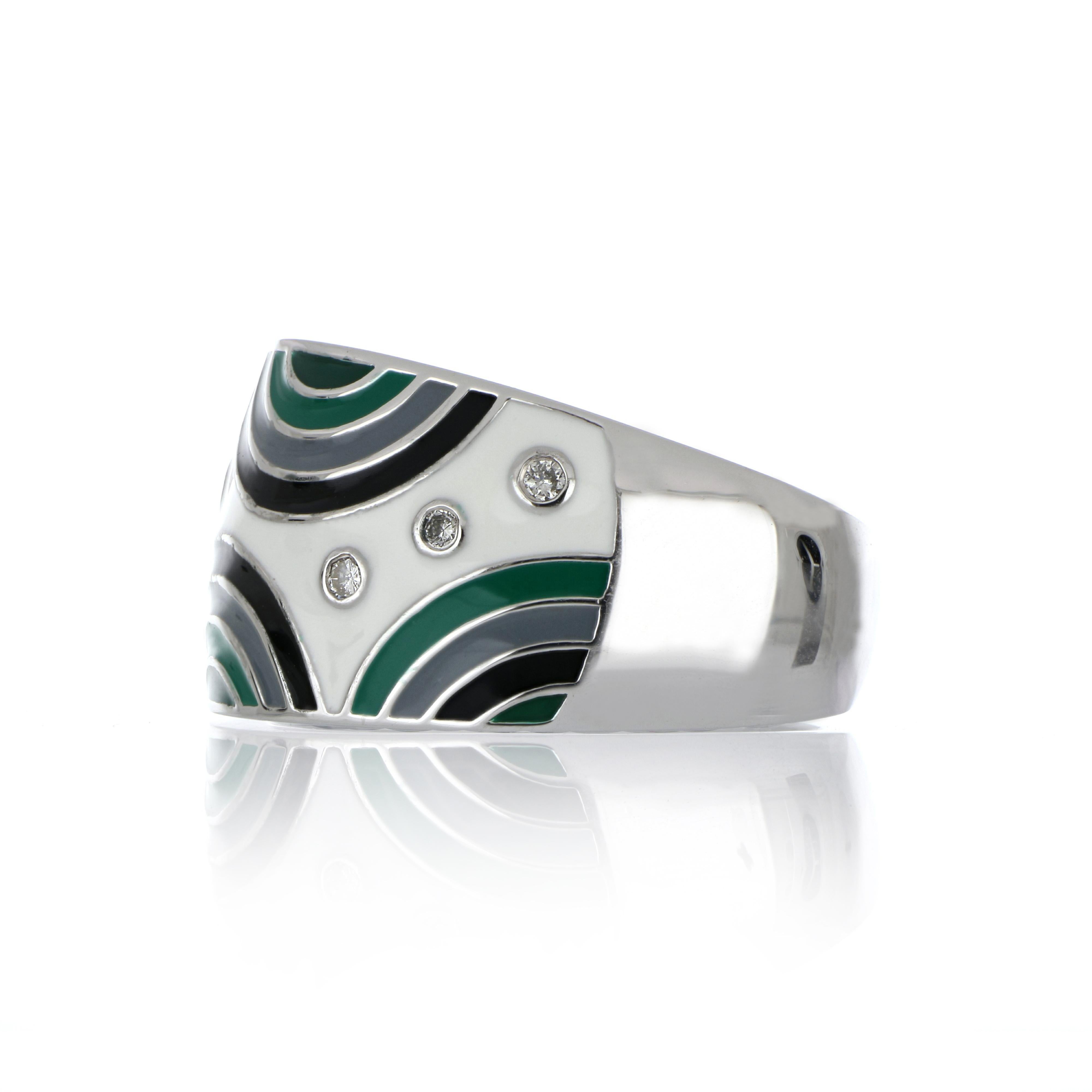 Contemporary Multi Color Enamel Ring with Diamonds in 14 Karat White Gold For Sale