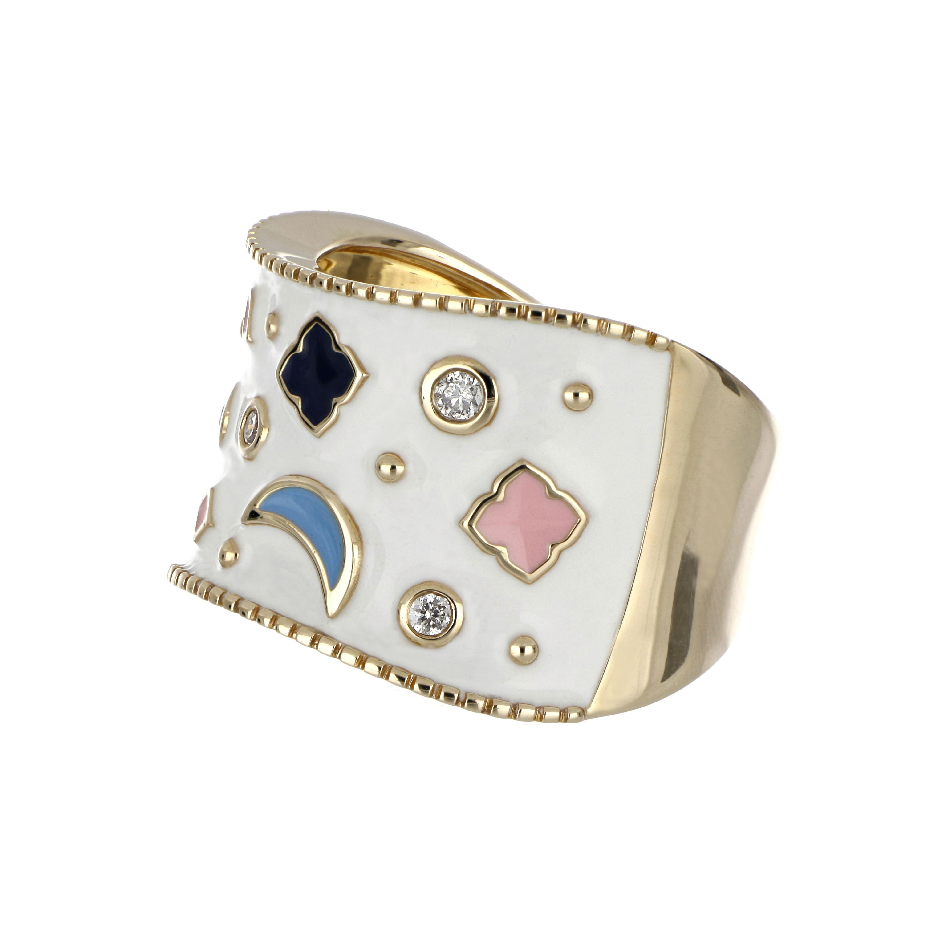 Elegant und exquisit detaillierte Multi Color Emaille Cocktail 14 K Ring,  akzentuiert mit Diamanten, Gewicht ca. 0,11 Karat. Wunderschön handgefertigt in 14 Karat Gelbgold.


Diamanten: GH-SI 

Ungefähr. Gewicht: 0,11 Karat.

Ringgröße: US 7