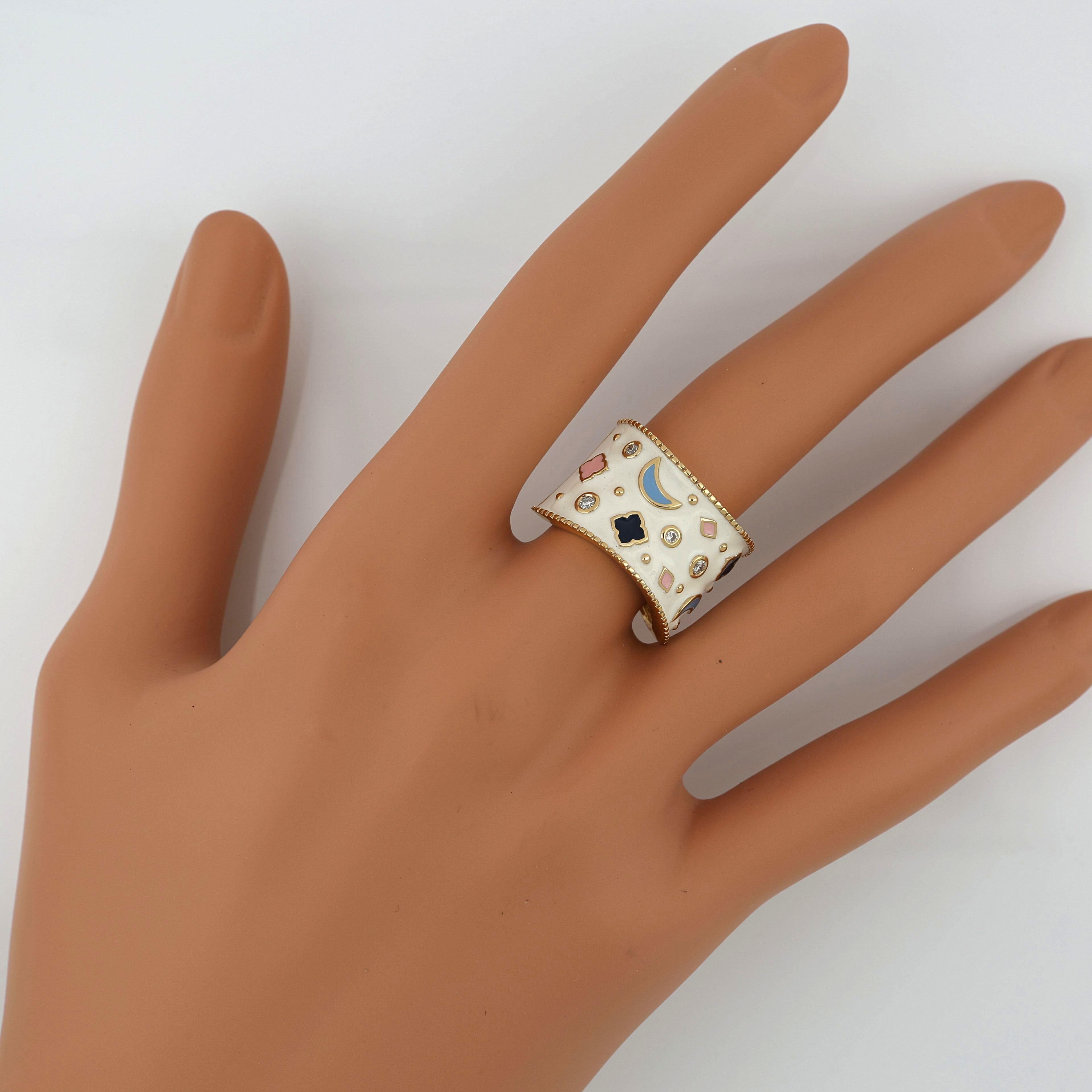 Mehrfarbiger Emaille-Ring mit Diamanten aus 14 Karat Gelbgold Damen im Angebot