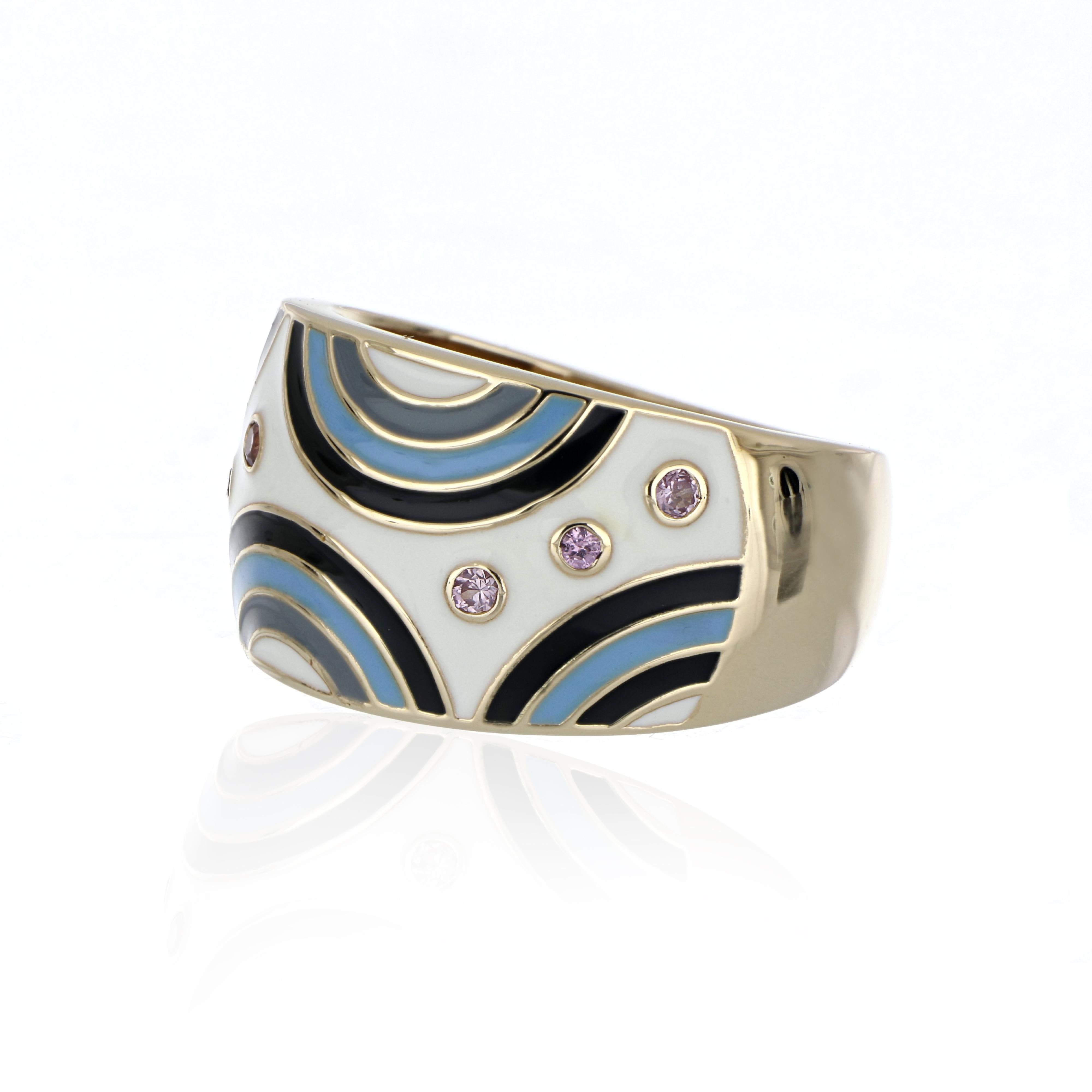 Elegant and exquisite Multi Colored Enamel Cocktail 14 K Ring, accented with Diamonds, weighing approx. 0.17 cts. Beautifully Hand crafted in 14 Karat Yellow Gold.


Stone Size:
Pink Sapphire: 1.50 x 1.50 mm , 1.75 x 1.75 mm

Approx. Wt.: 0.17