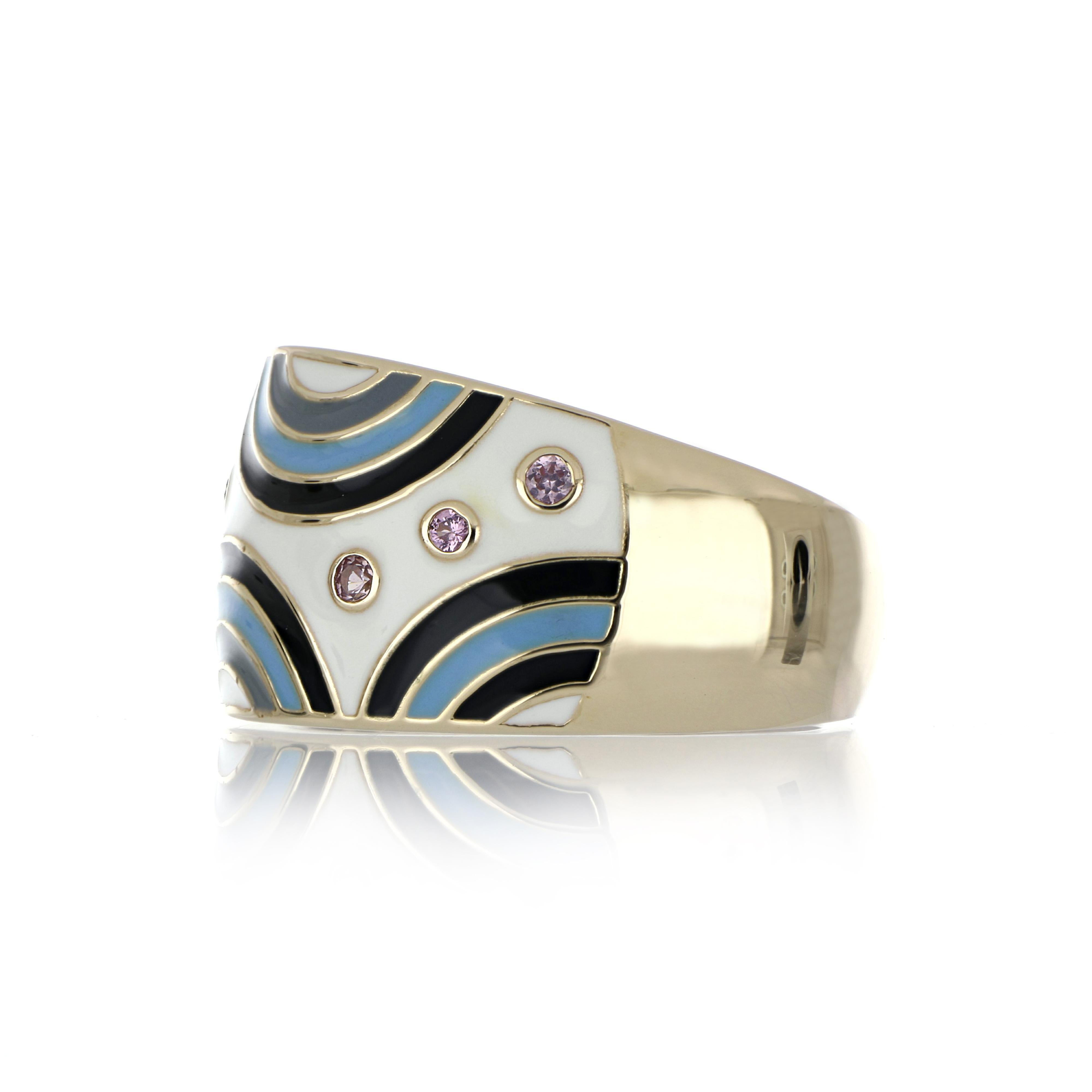 Contemporary Multi Color Enamel Ring with Pink Sapphire in 14 Karat Yellow Gold