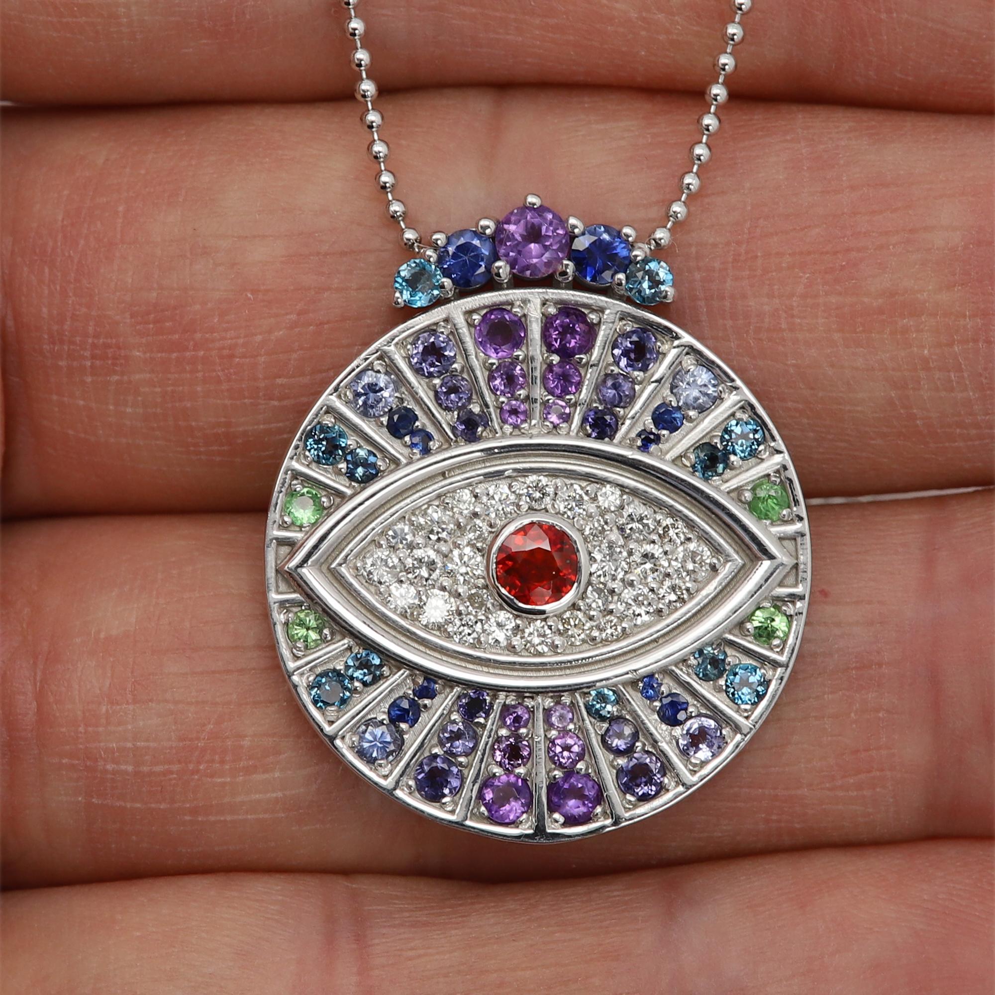 Taglio rotondo Collana con ciondolo in argento 925 Multi Color evil eye, fatta a mano, portafortuna. in vendita