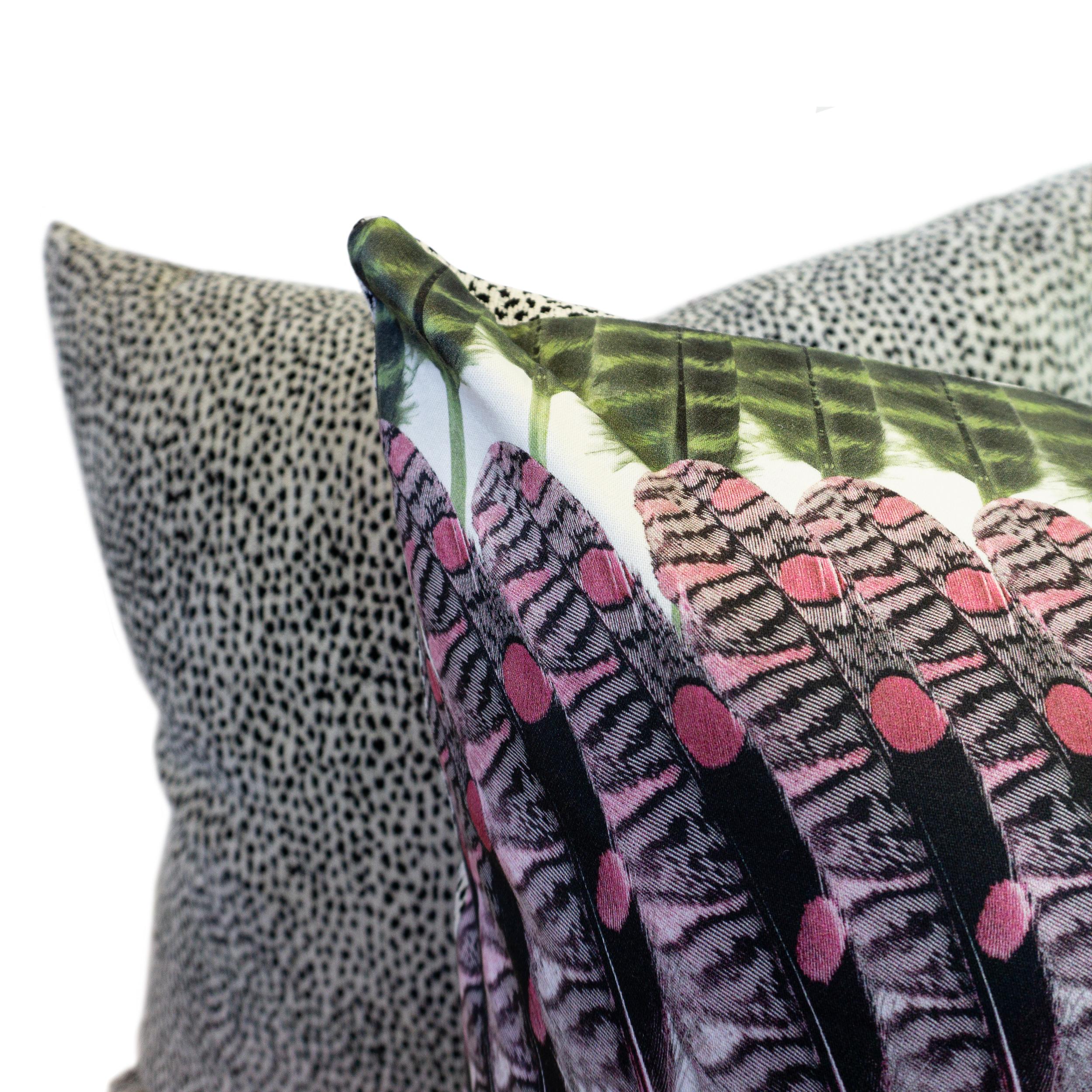 Multi-Color Feather Printed Dragon Fruit Velvet Fabric Square Pillows In New Condition For Sale In Greenwich, CT